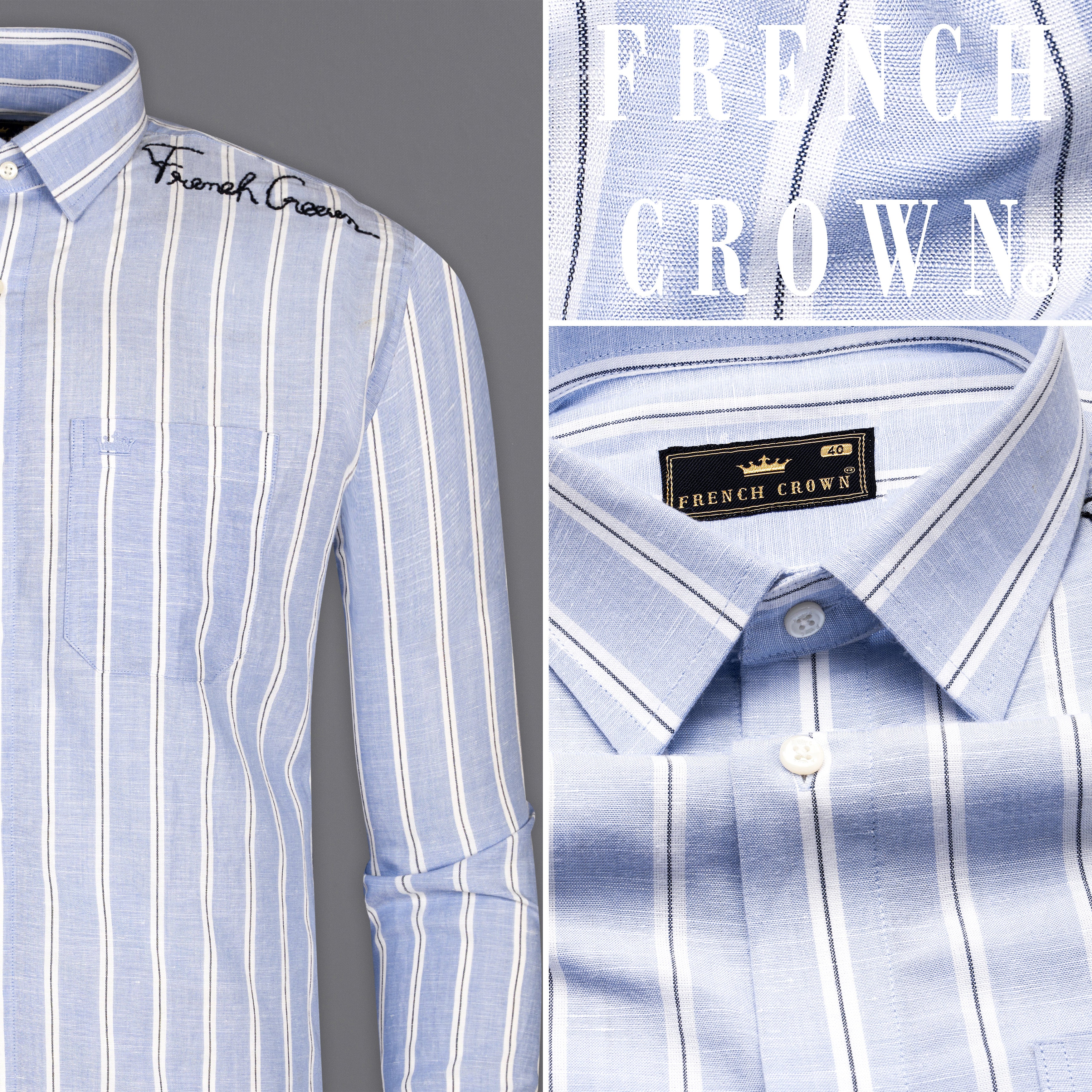 Periwinkle Blue and White Striped Luxurious Linen Hand Embroidered Signature Designer Shirt