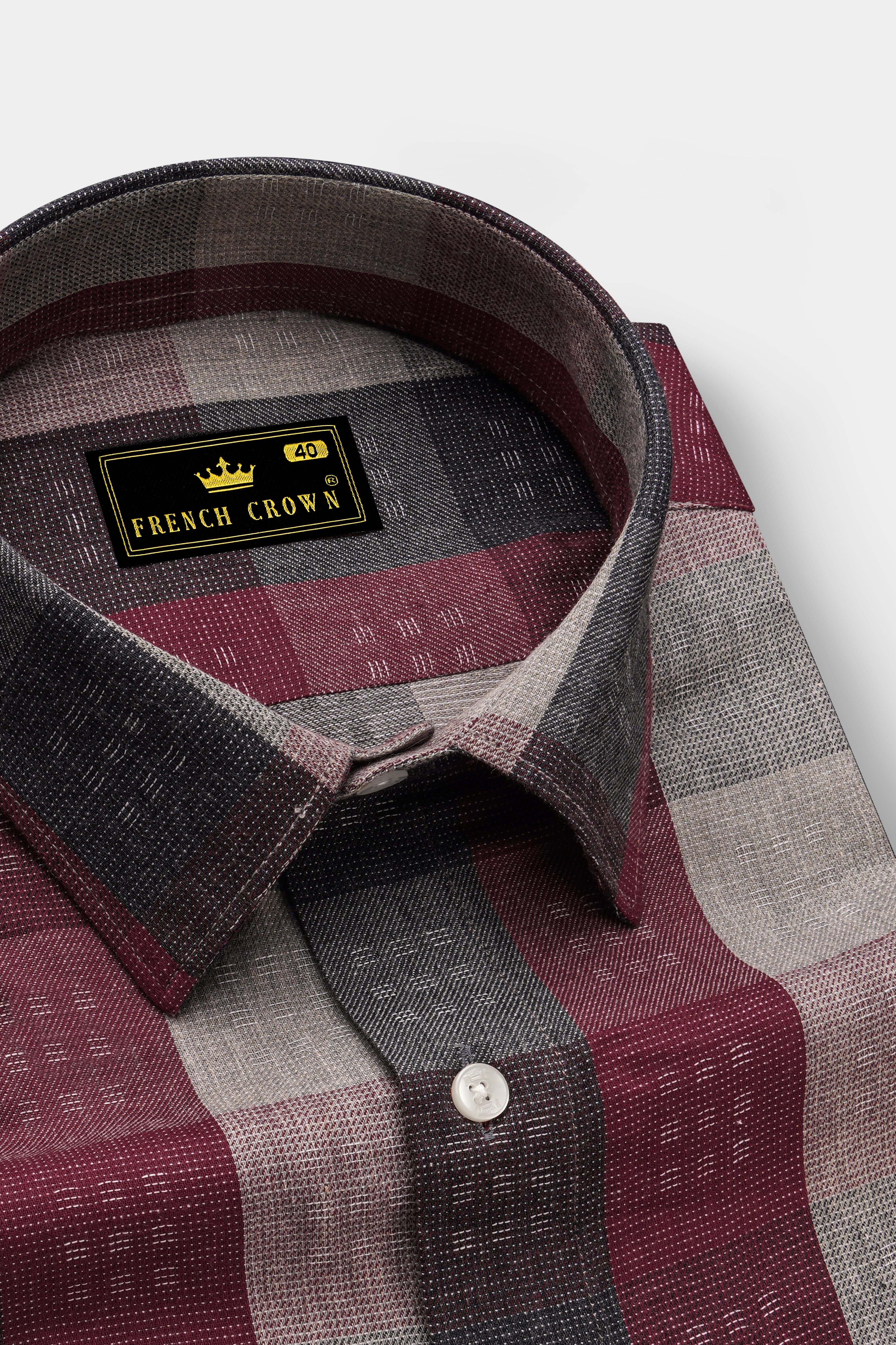 Copper Rust Red and Gainsboro Gray Plaid Dobby Textured Premium Giza Cotton Shirt