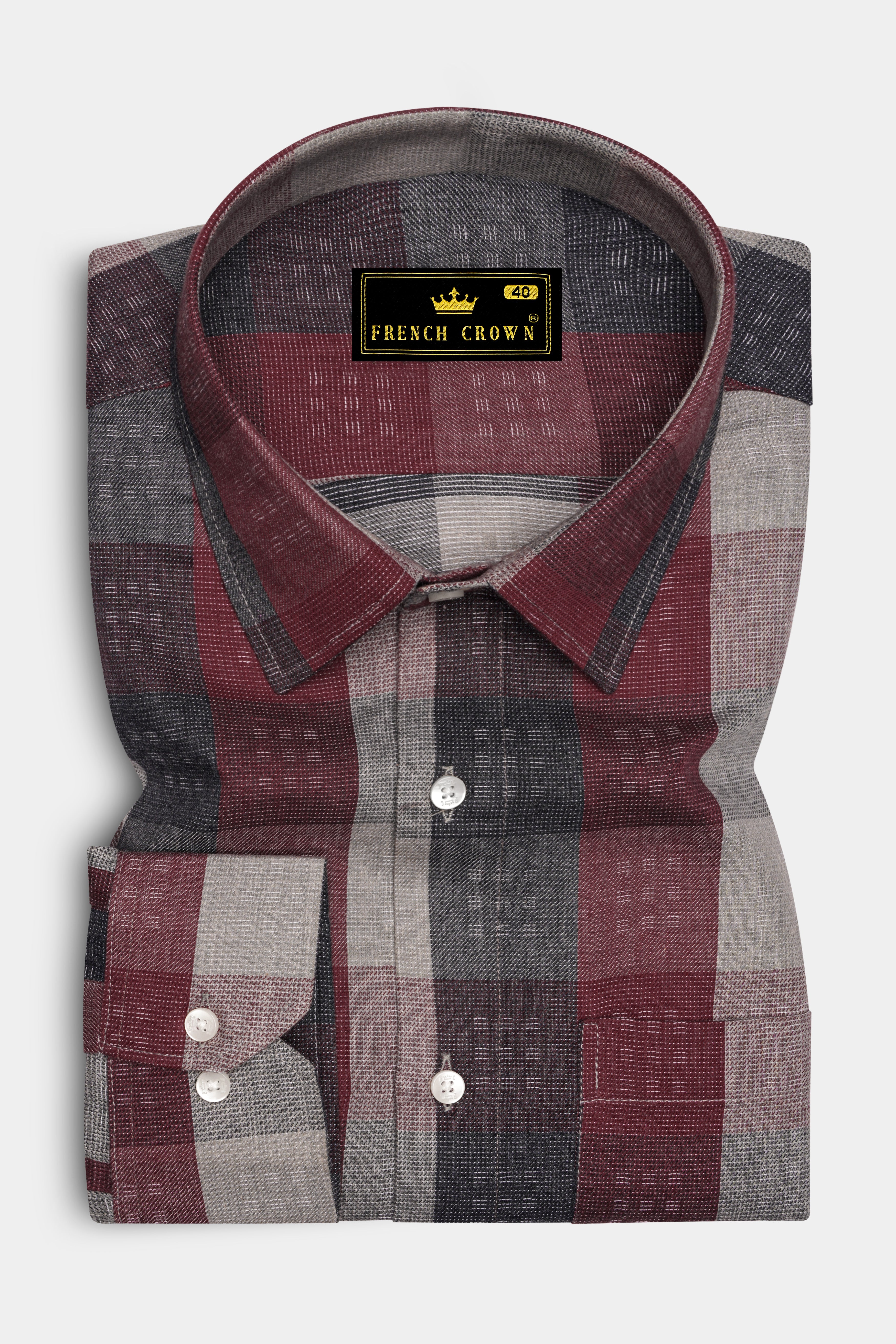 Copper Rust Red and Gainsboro Gray Plaid Dobby Textured Premium Giza Cotton Shirt