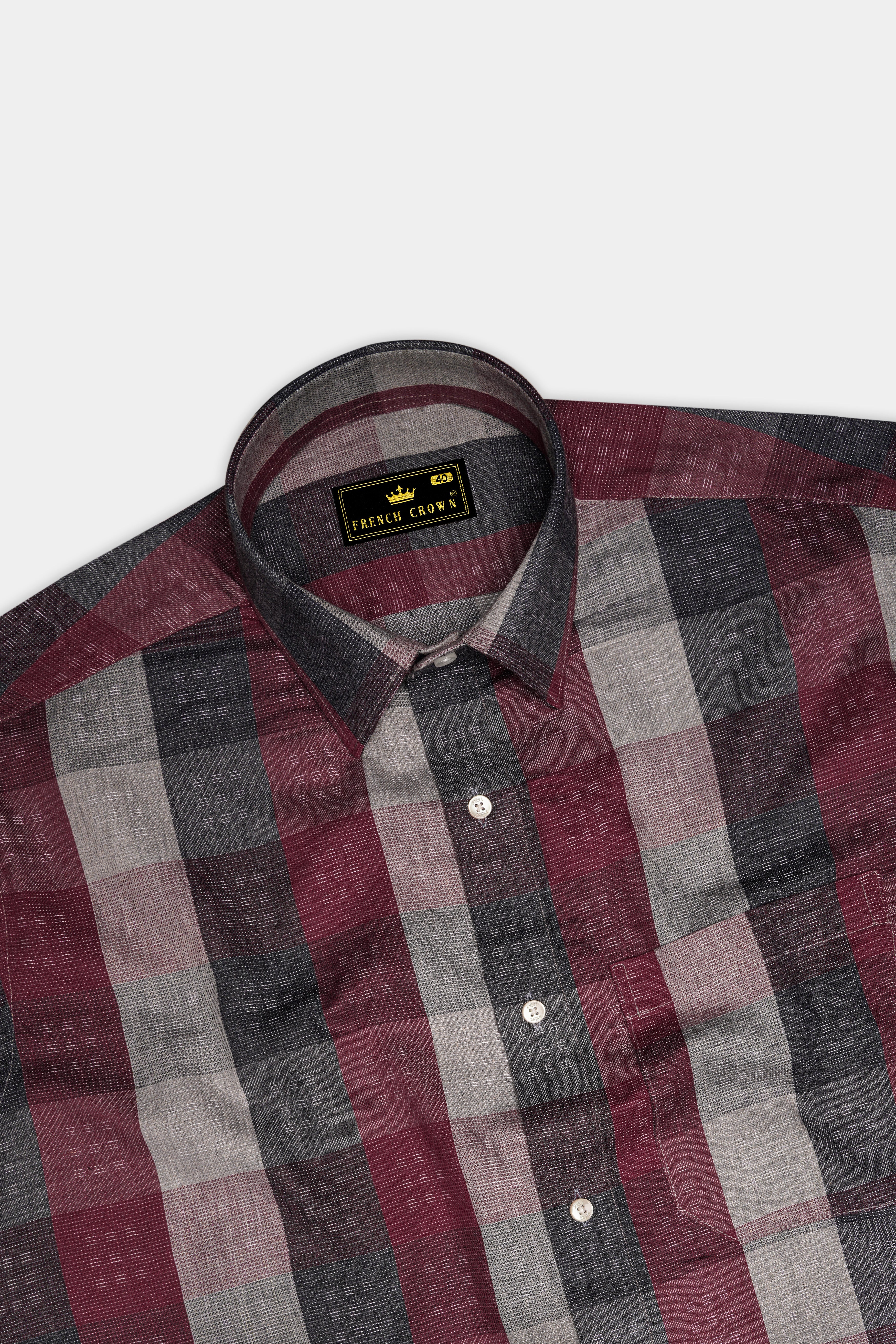 Copper Rust Red and Gainsboro Gray Plaid Dobby Textured Premium Giza Cotton Shirt