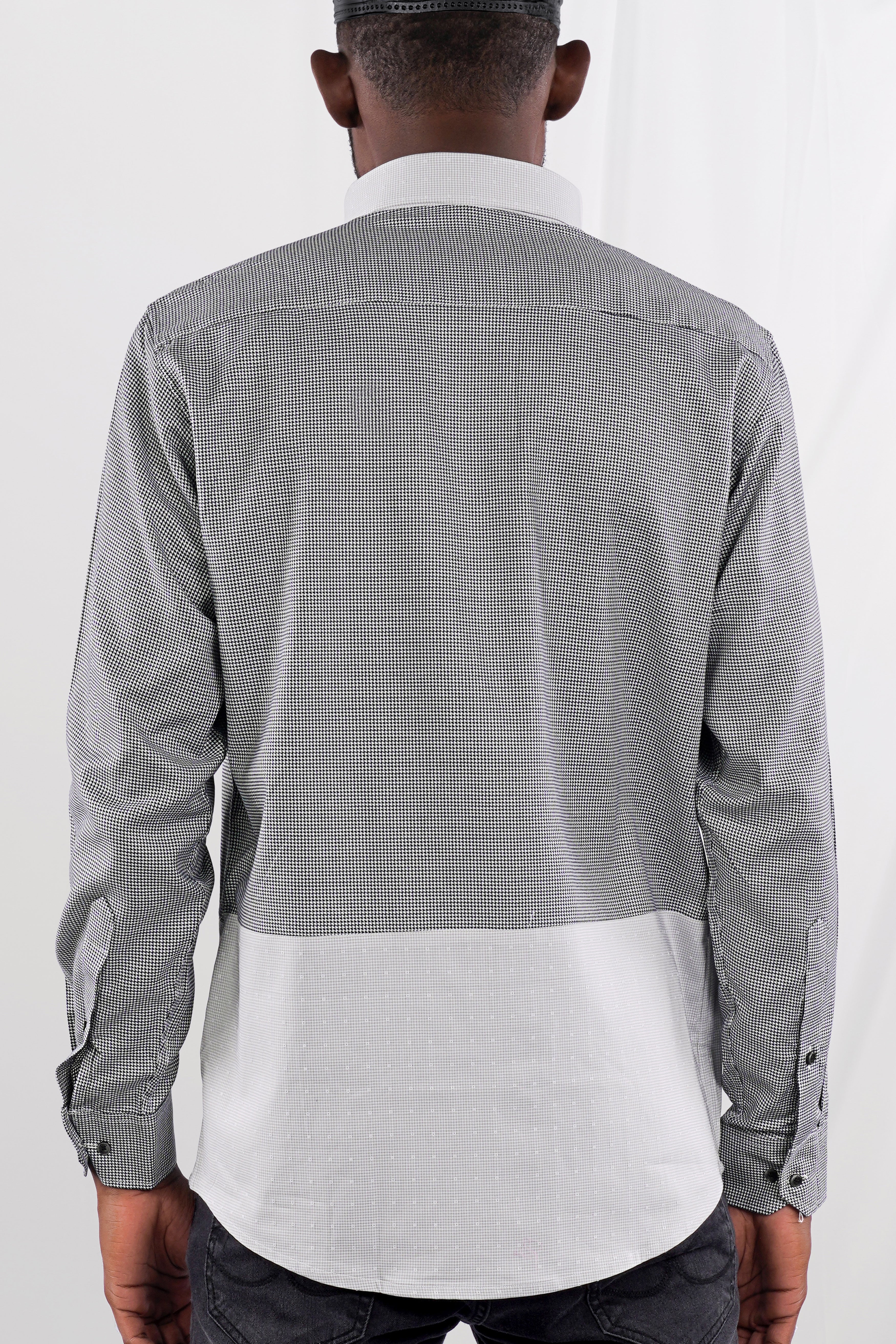 Outer Space Gray with Bright White Half and Half Houndstooth Textured Designer Shirt