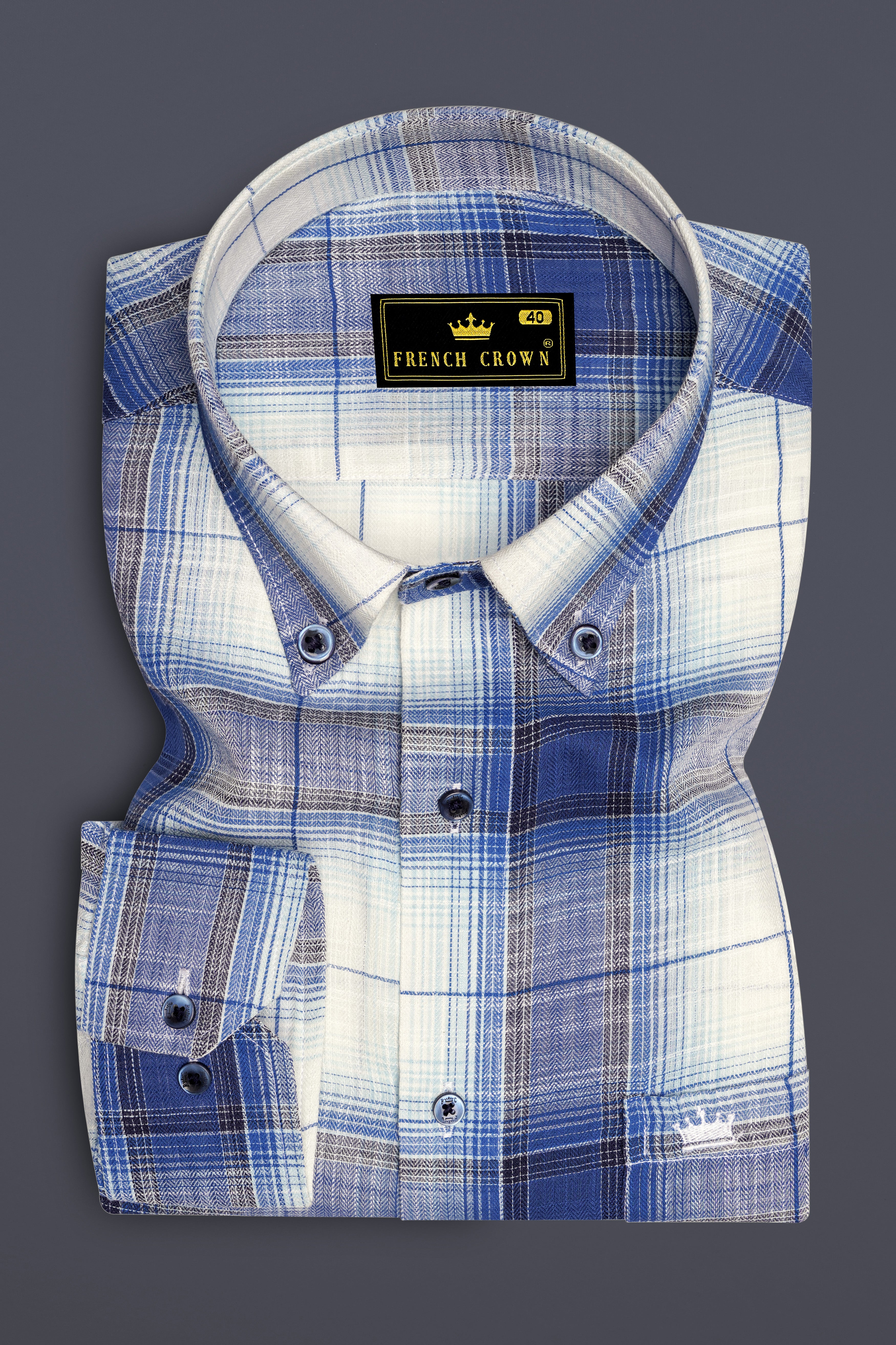 Bright White and Twilight Blue Plaid Herringbone Shirt