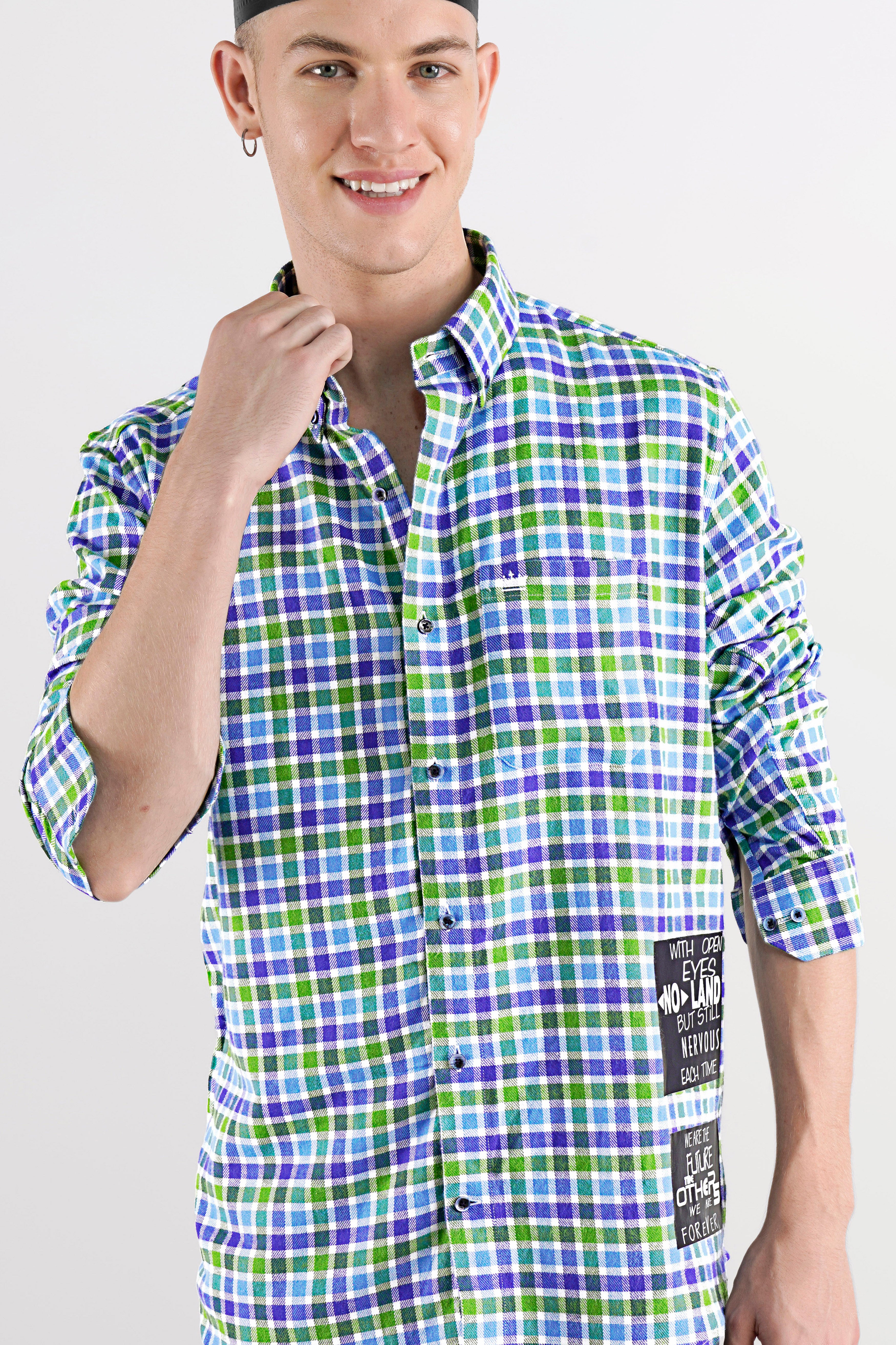 Camo Green with Gigas Blue Checkered Funky Printed Twill Premium Cotton Designer Shirt