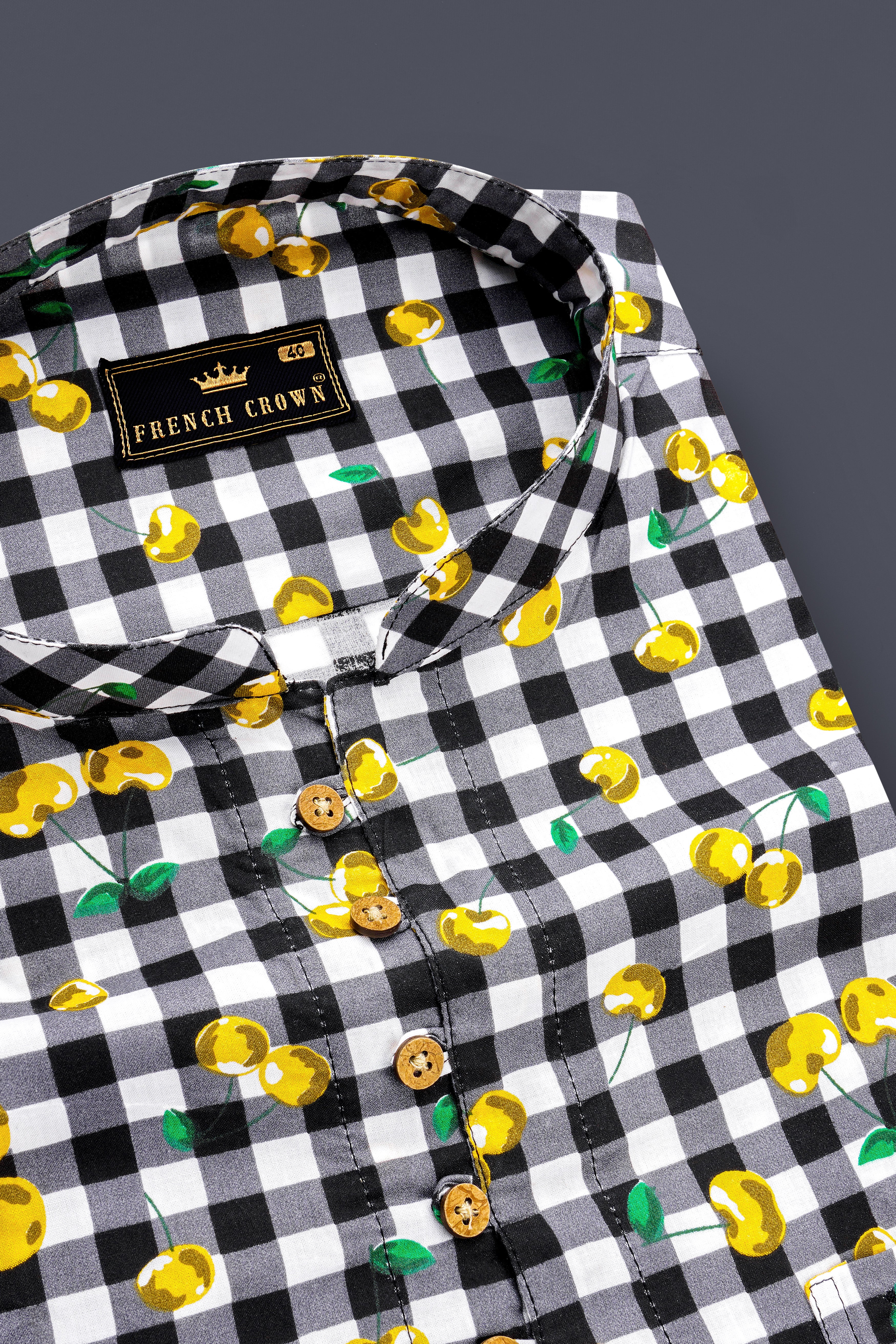 Jade Black and White Checked with yellow Cherries Printed Premium Cotton Shirt
