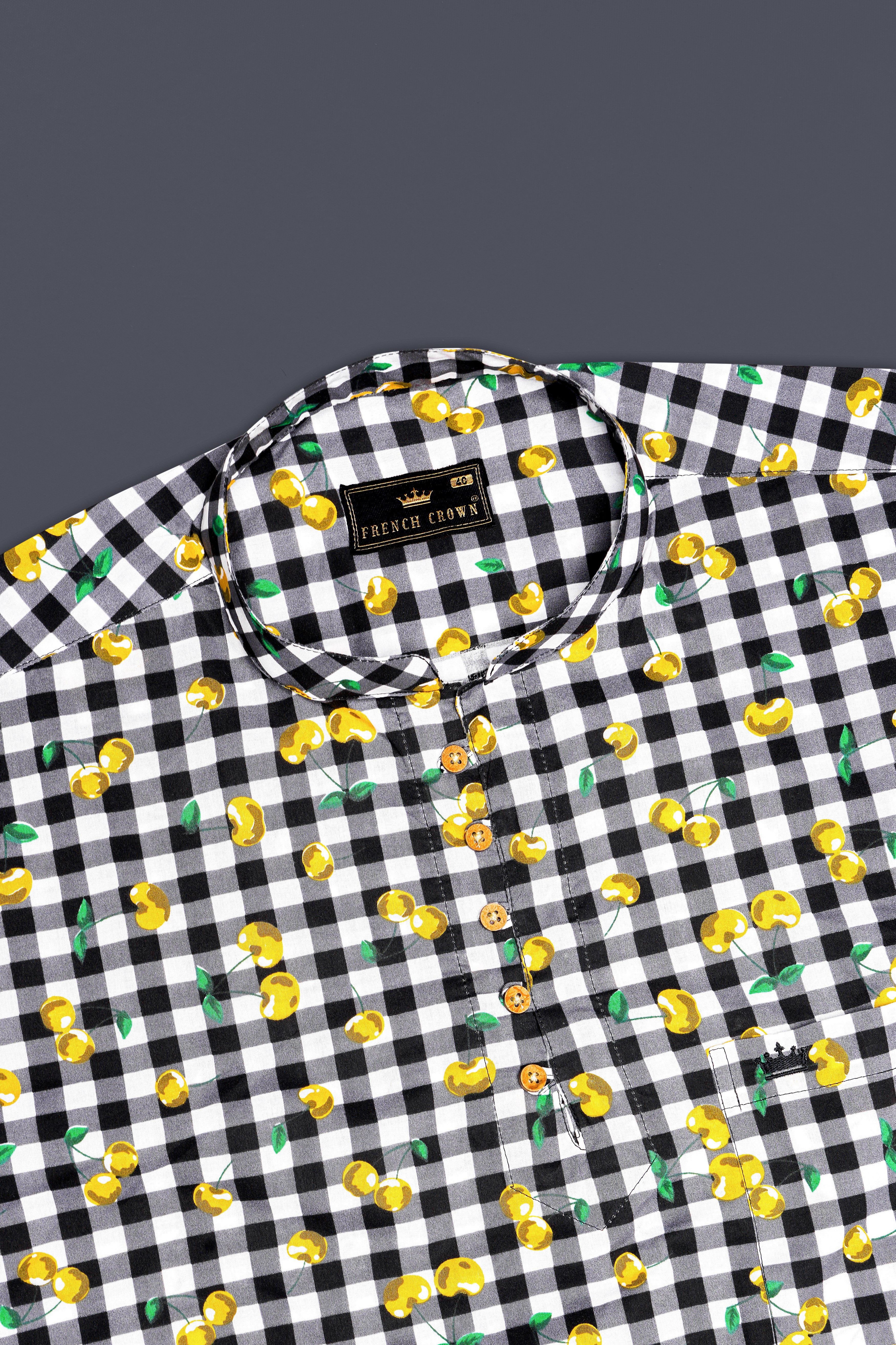 Jade Black and White Checked with yellow Cherries Printed Premium Cotton Shirt