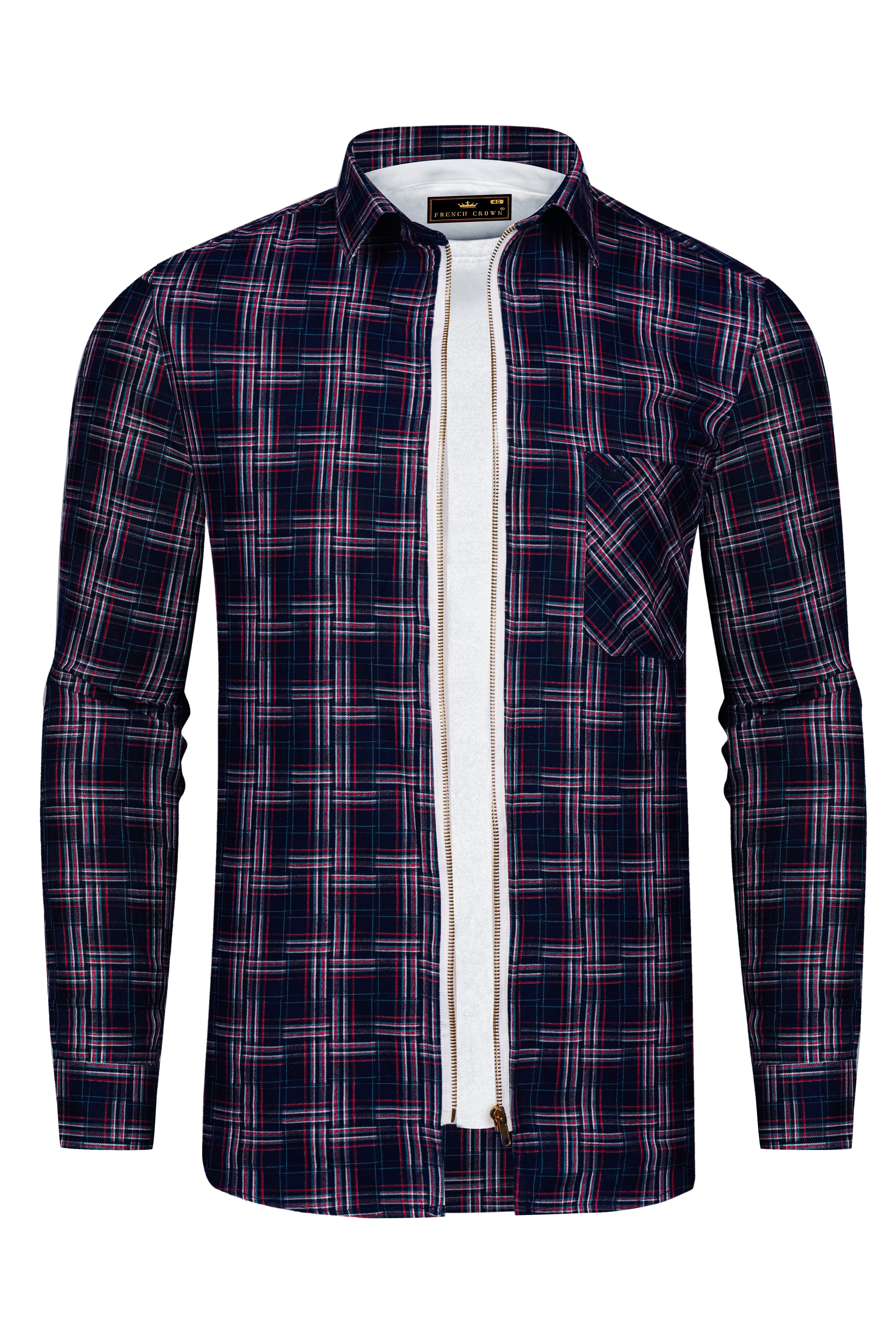 Martinique Blue Plaid Dobby Textured Premium Giza Cotton Zipper Overshirt/Shacket