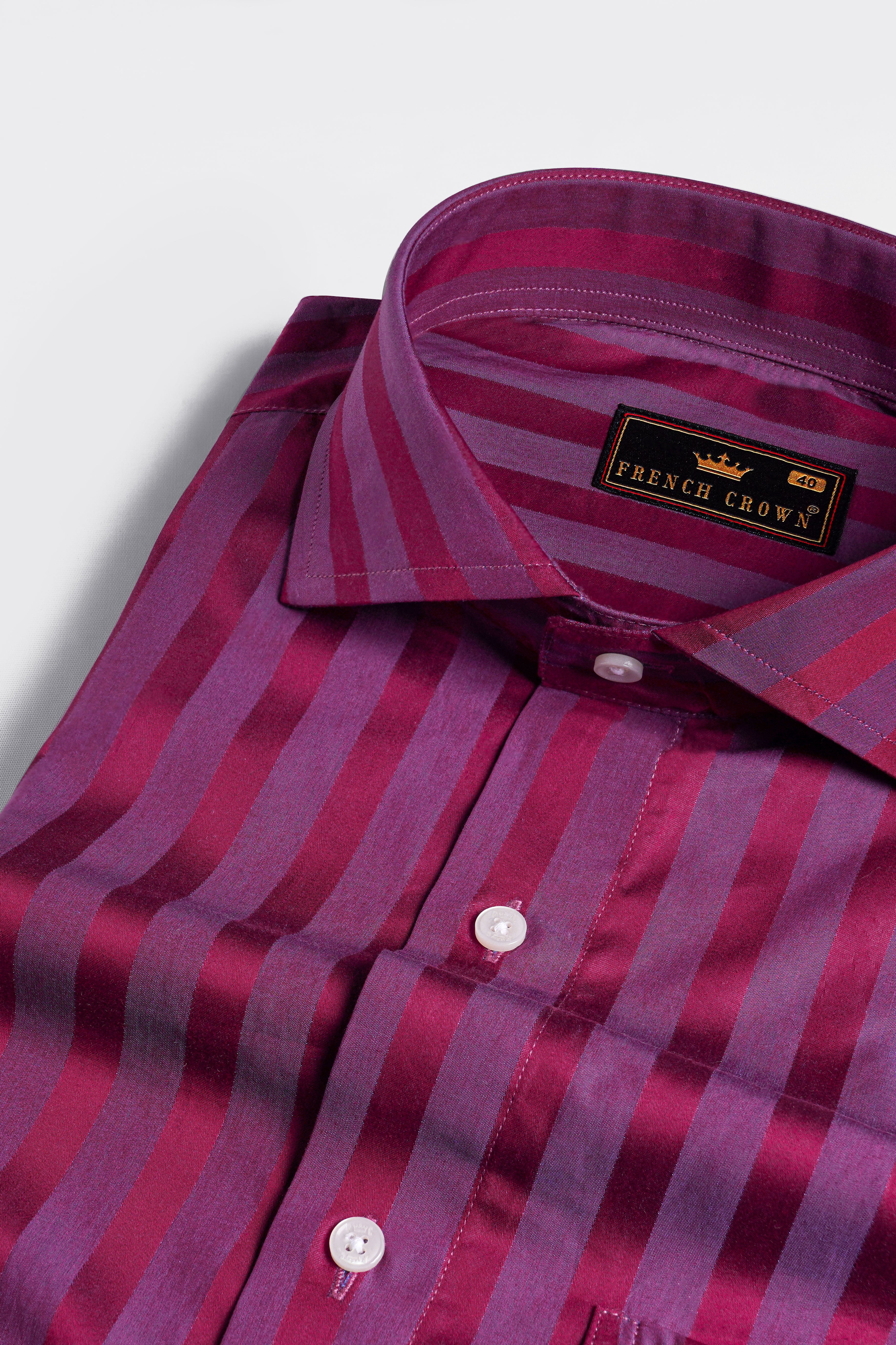 Deep Carmine Wine and Dark Lilac Violet Striped Jacquard Textured Premium Giza Cotton Shirt