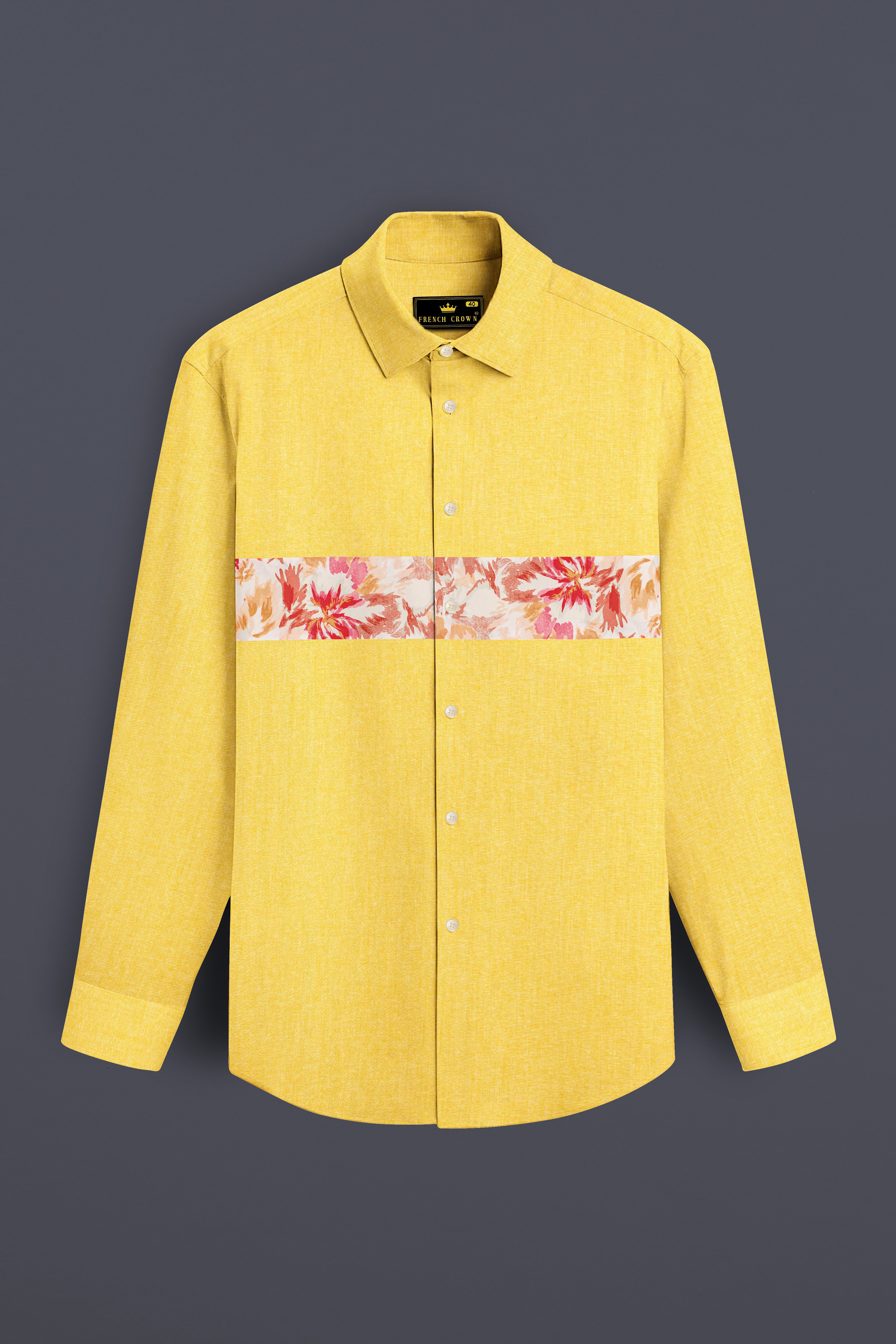 Moccasin Yellow Floral Patched Royal Oxford Designer Shirt