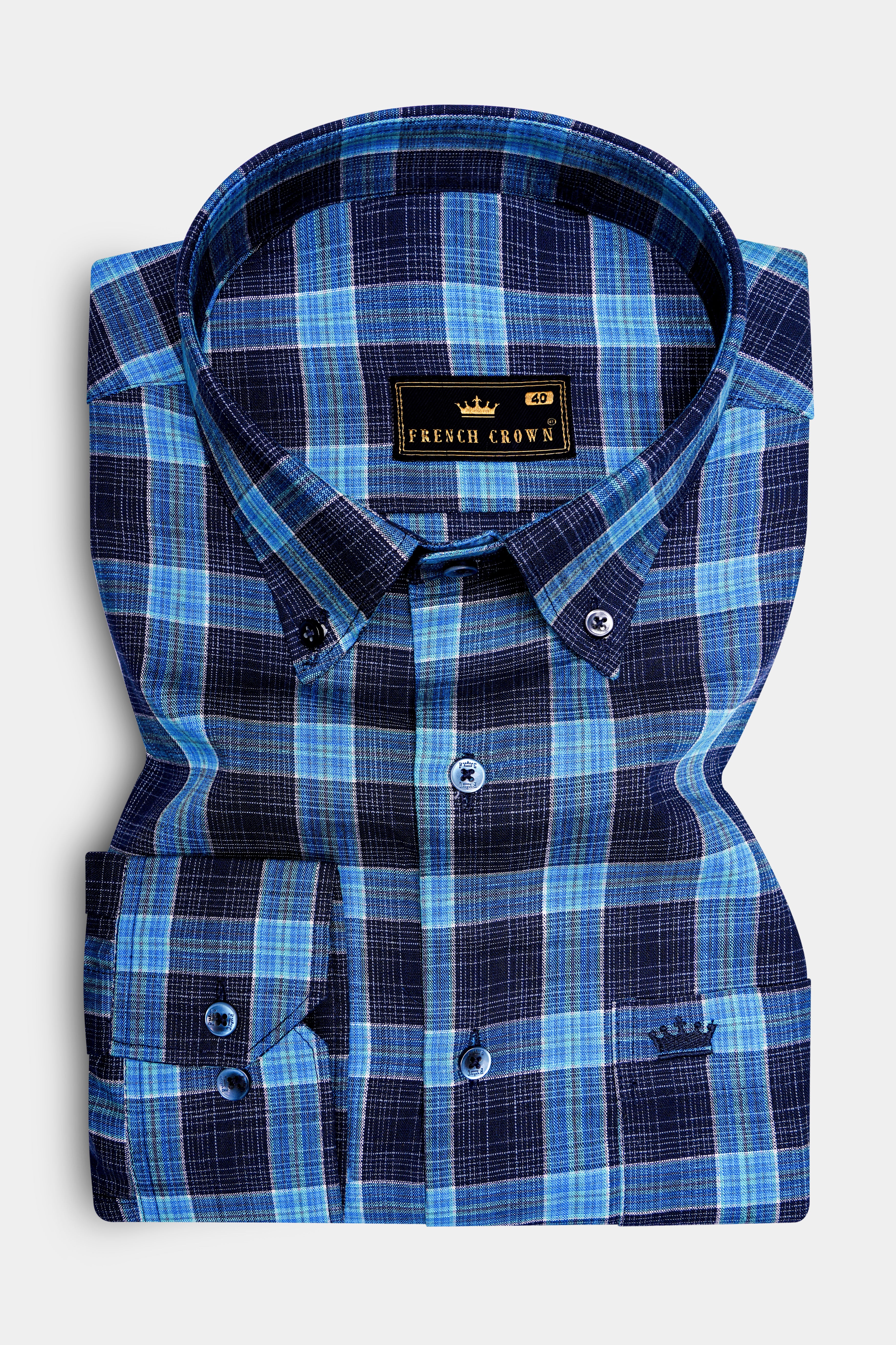 Mirage Navy Blue and Pacific Blue Plaid Dobby Textured Premium Giza Cotton Shirt