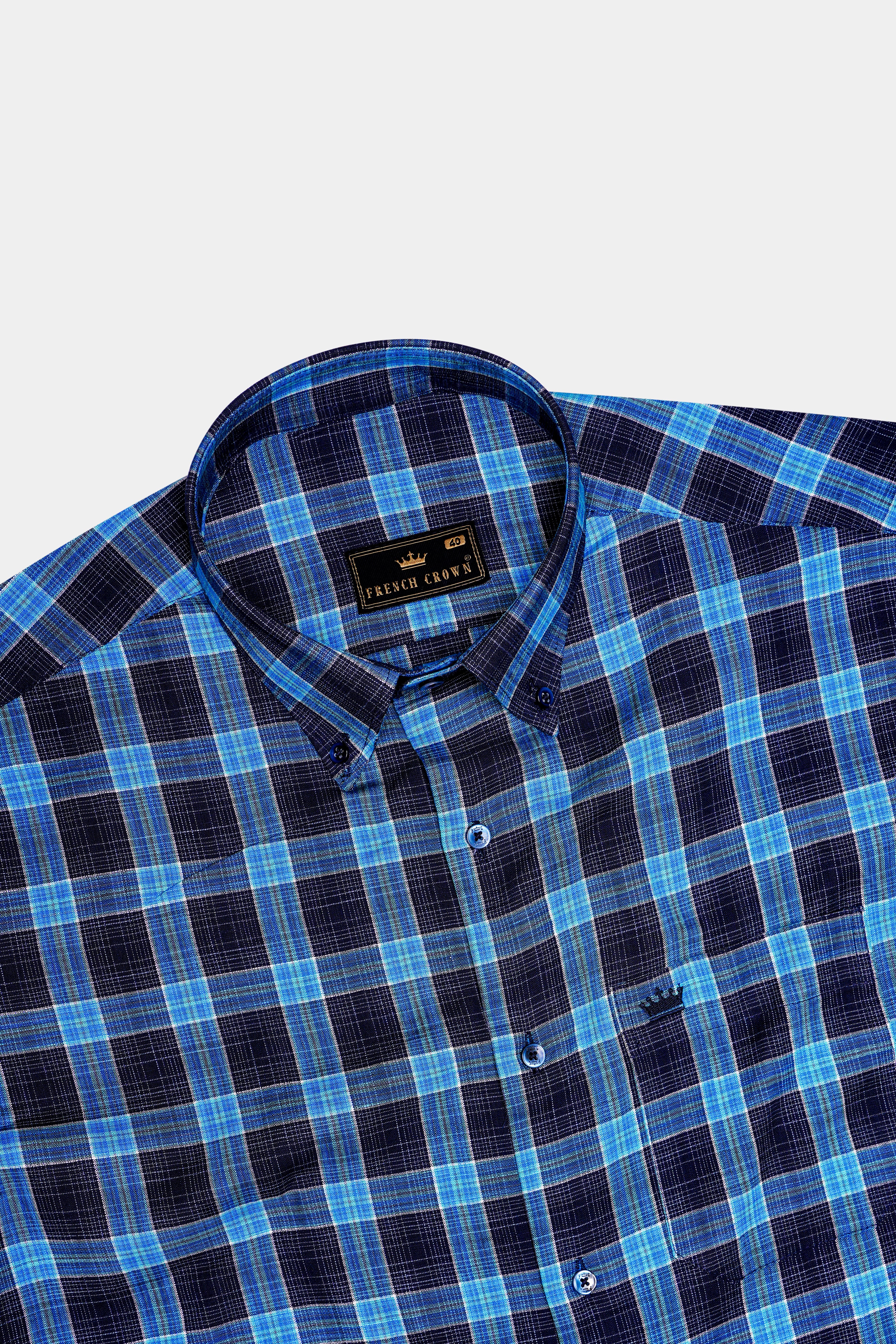 Mirage Navy Blue and Pacific Blue Plaid Dobby Textured Premium Giza Cotton Shirt