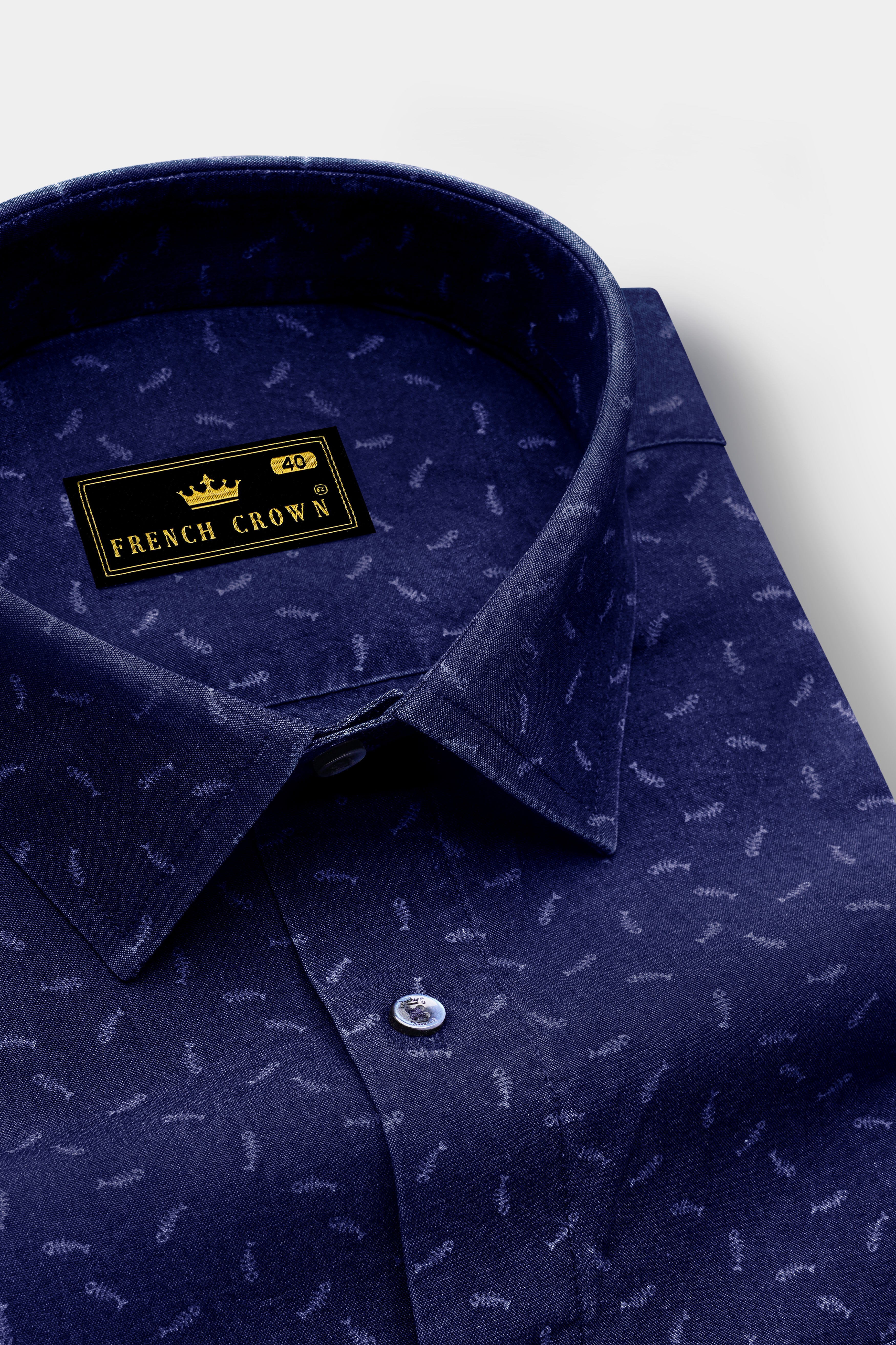 Bastille Navy Blue Fish Printed Chambray Textured Premium Cotton Shirt
