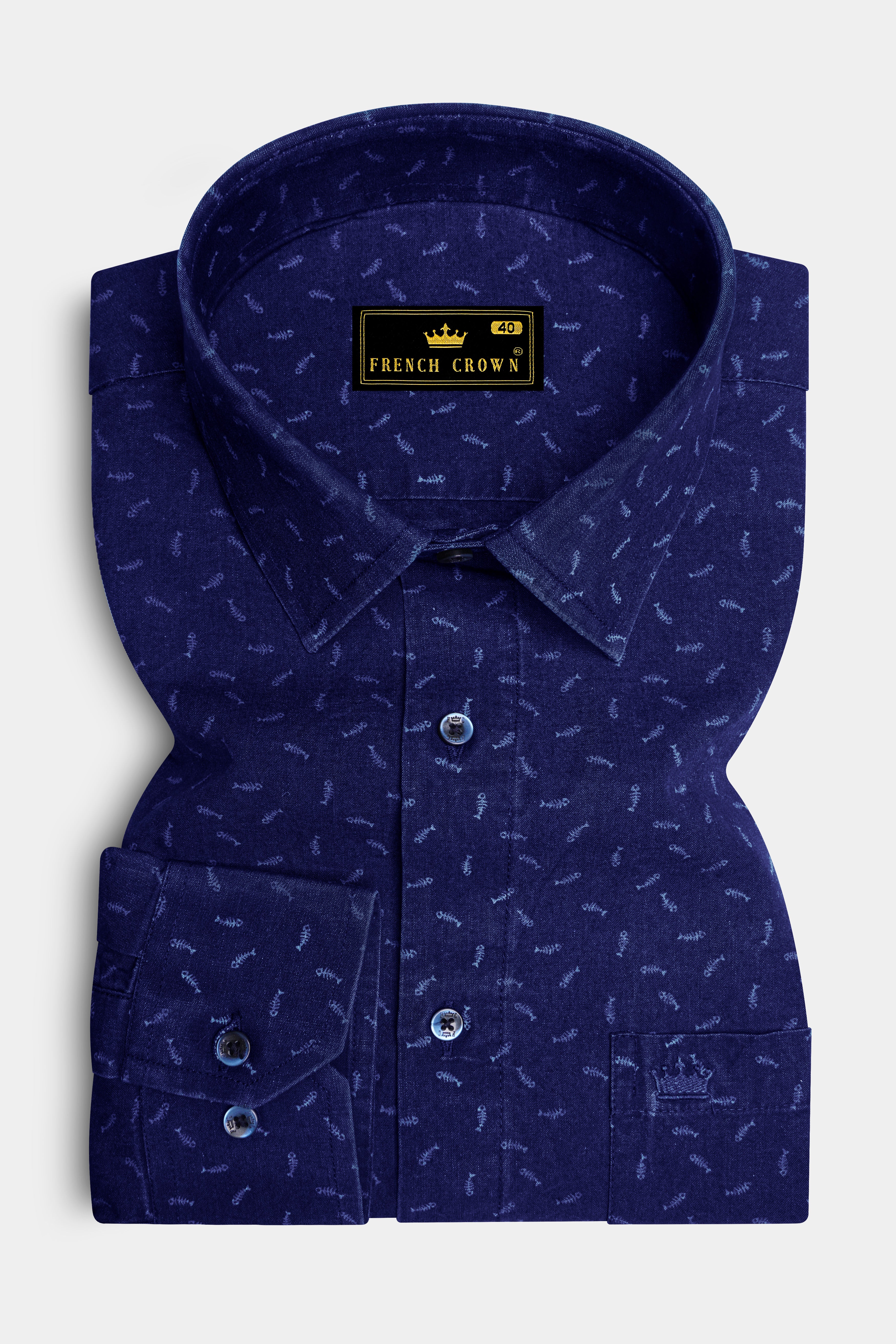 Bastille Navy Blue Fish Printed Chambray Textured Premium Cotton Shirt
