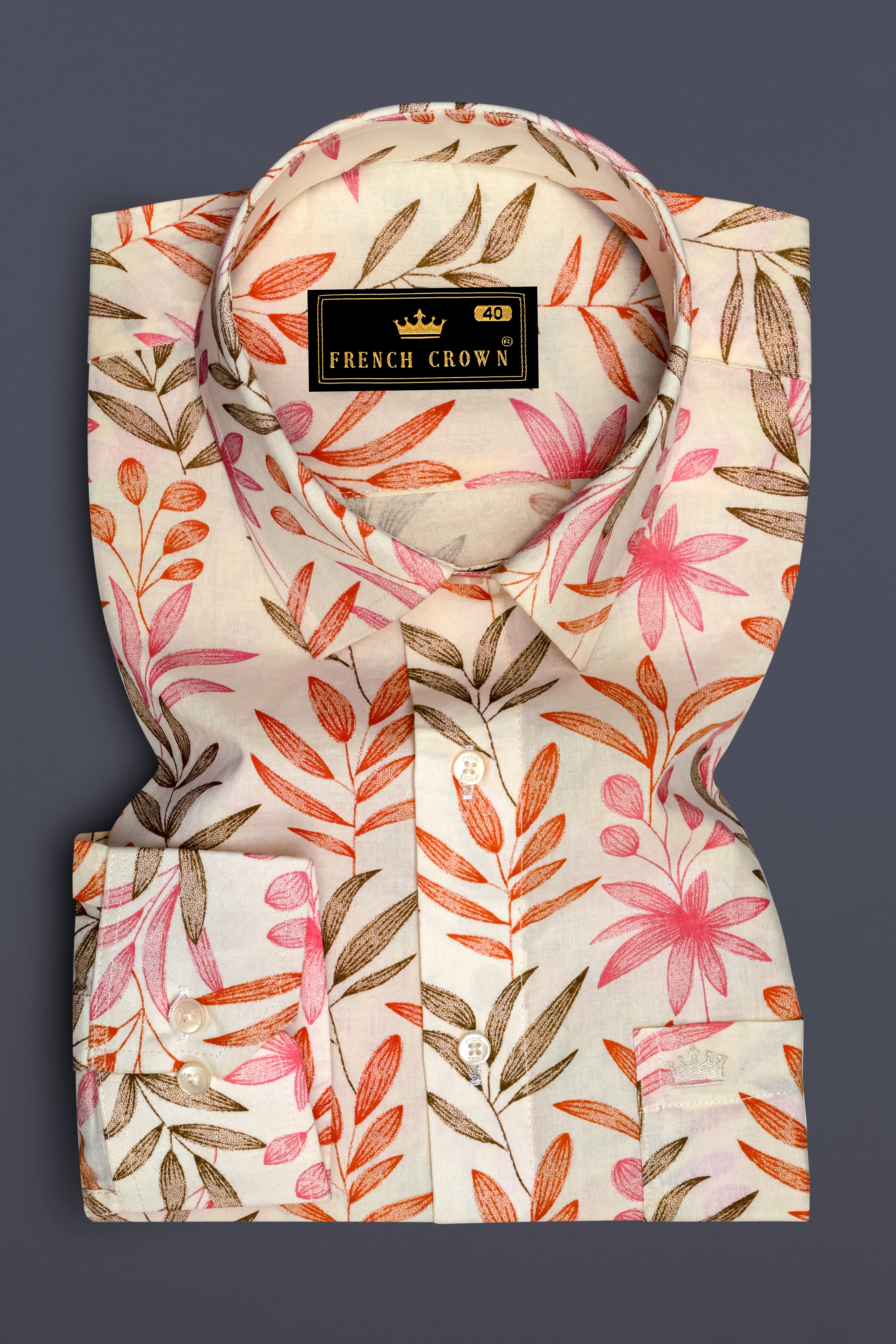 Bright White With Multi Coloured Leaves Printed Premium Cotton Shirt