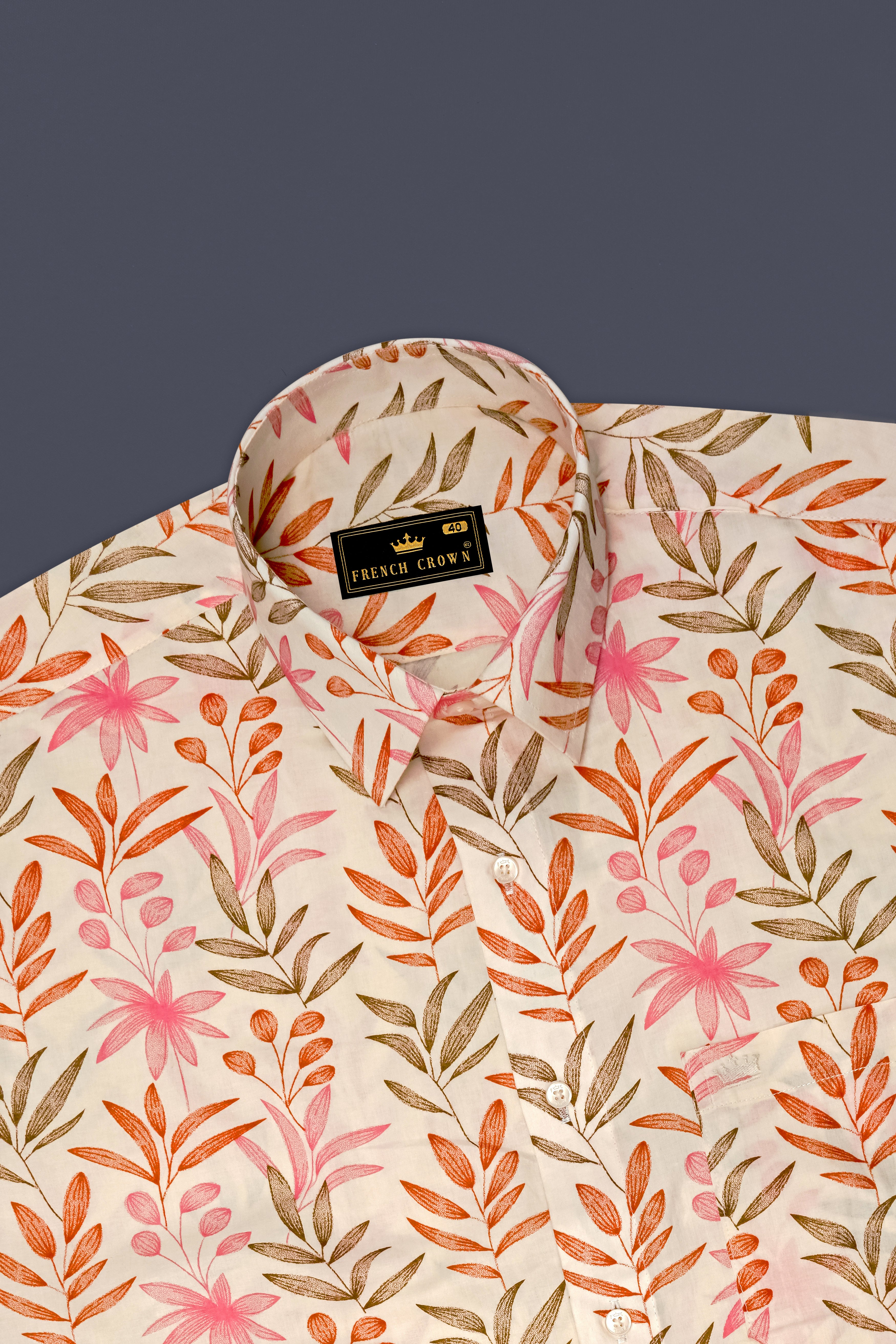 Bright White With Multi Coloured Leaves Printed Premium Cotton Shirt