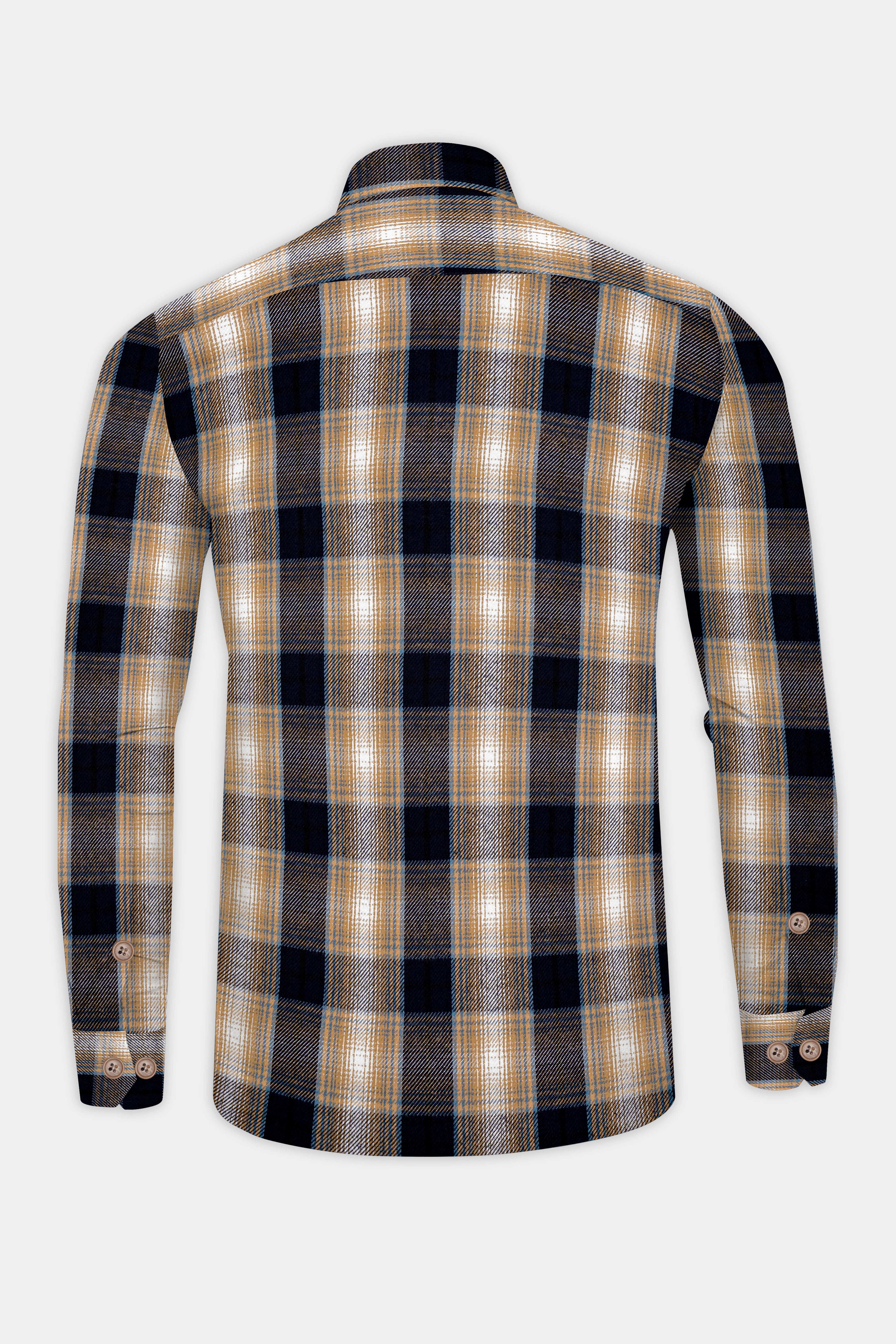 Ebony Clay Navy Blue and Sandrift Brown Plaid Flannel Designer Overshirt/Shacket
