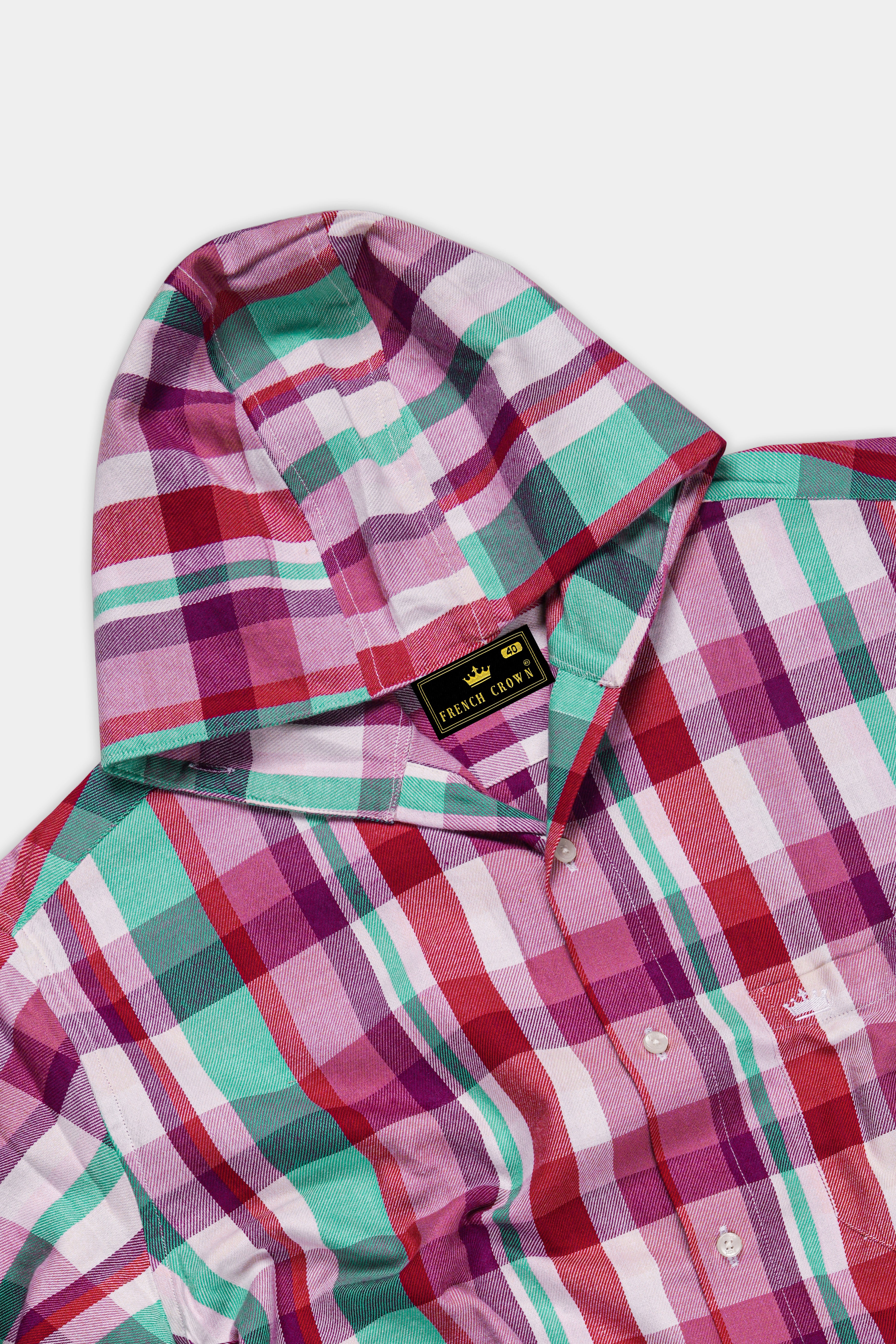 Bright White and Jasper Pink Plaid Twill Premium Cotton Hoodie Shirt