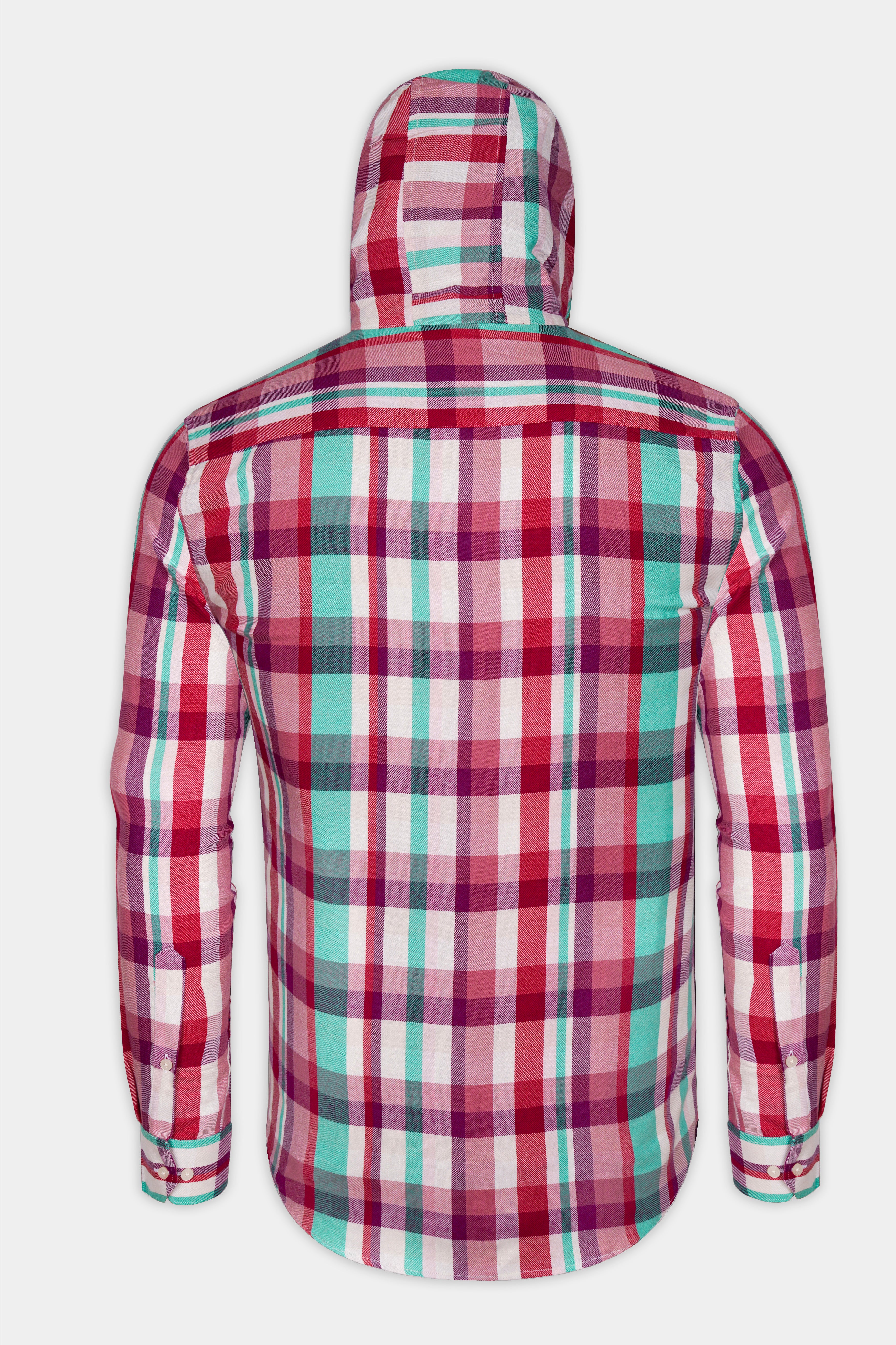 Bright White and Jasper Pink Plaid Twill Premium Cotton Hoodie Shirt