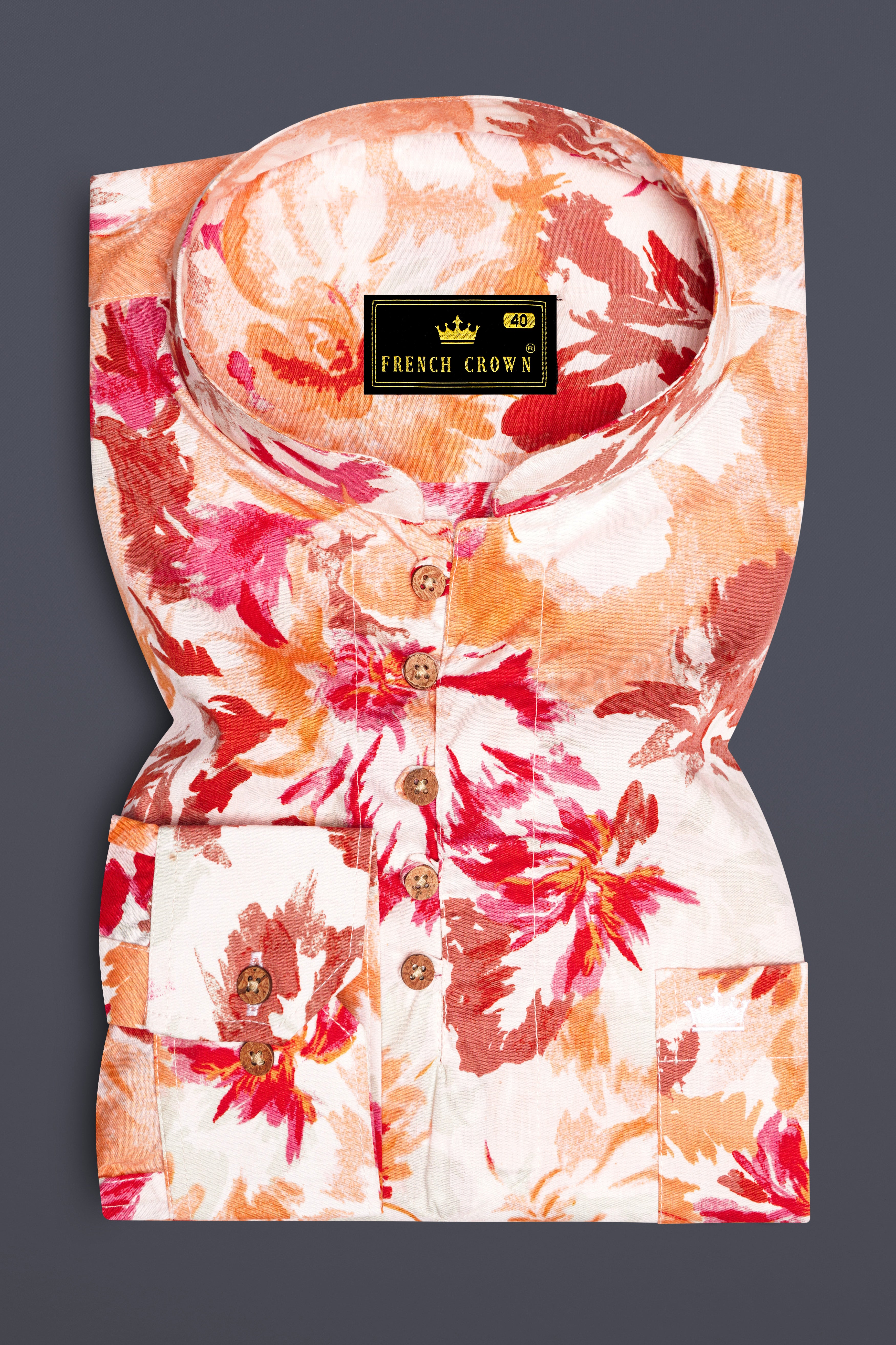 Bright White and Valencia Red Floral Printed Premium Cotton Kurta Shirt
