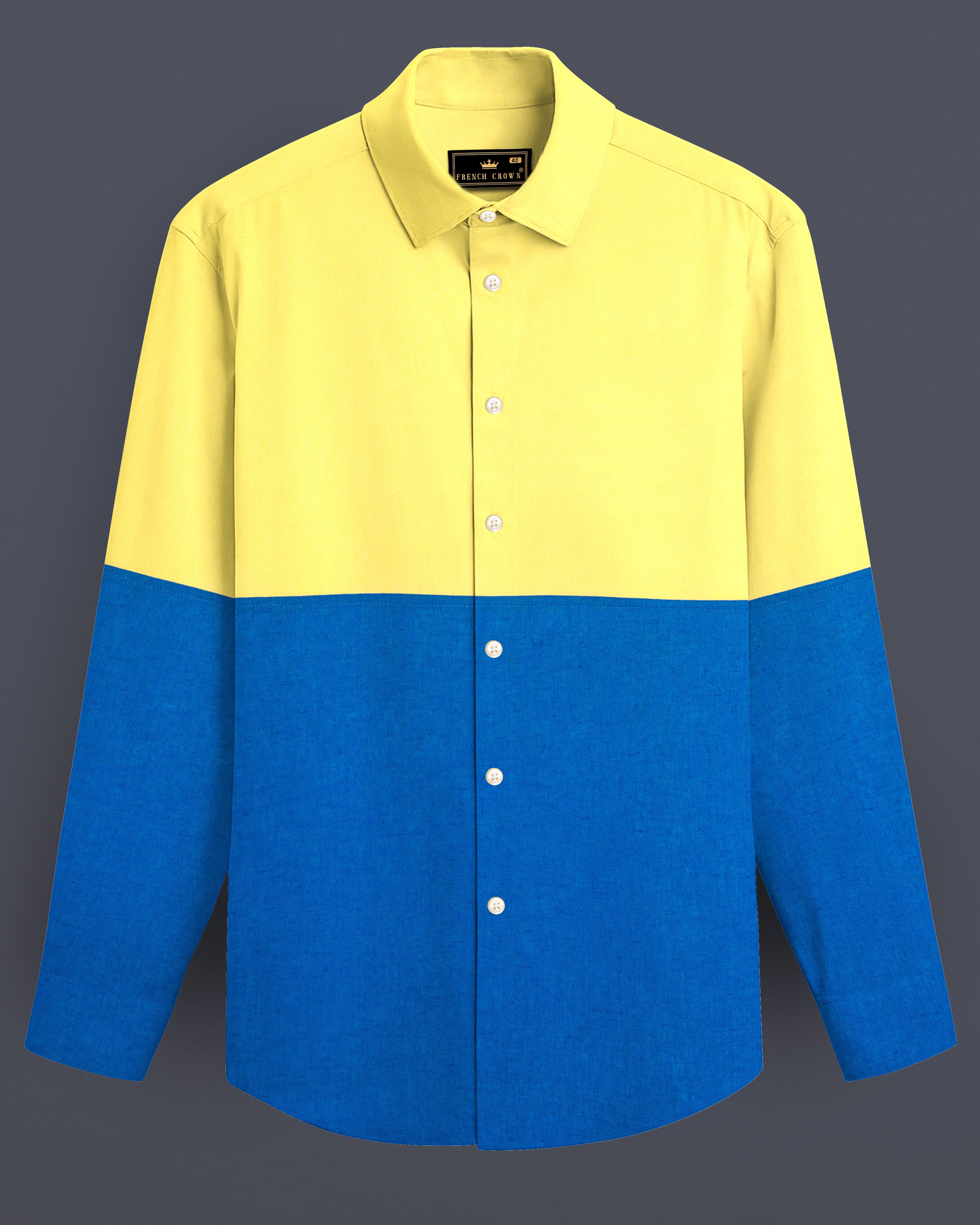 Blond Yellow with Bondi Blue Luxurious Linen Designer Shirt Blond Yellow with Bondi Blue Luxurious Linen Designer Shirt