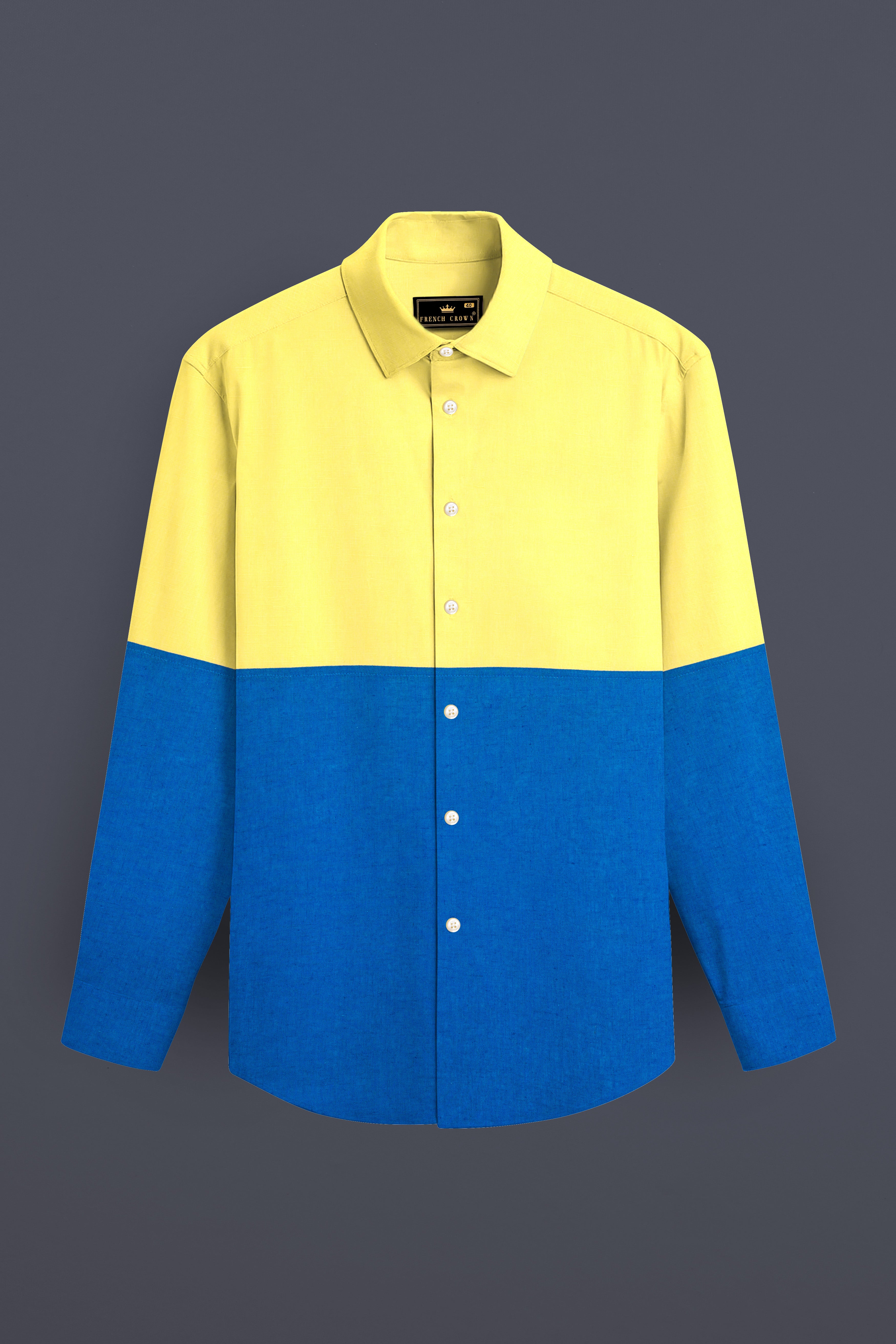 Blond Yellow with Bondi Blue Luxurious Linen Designer Shirt