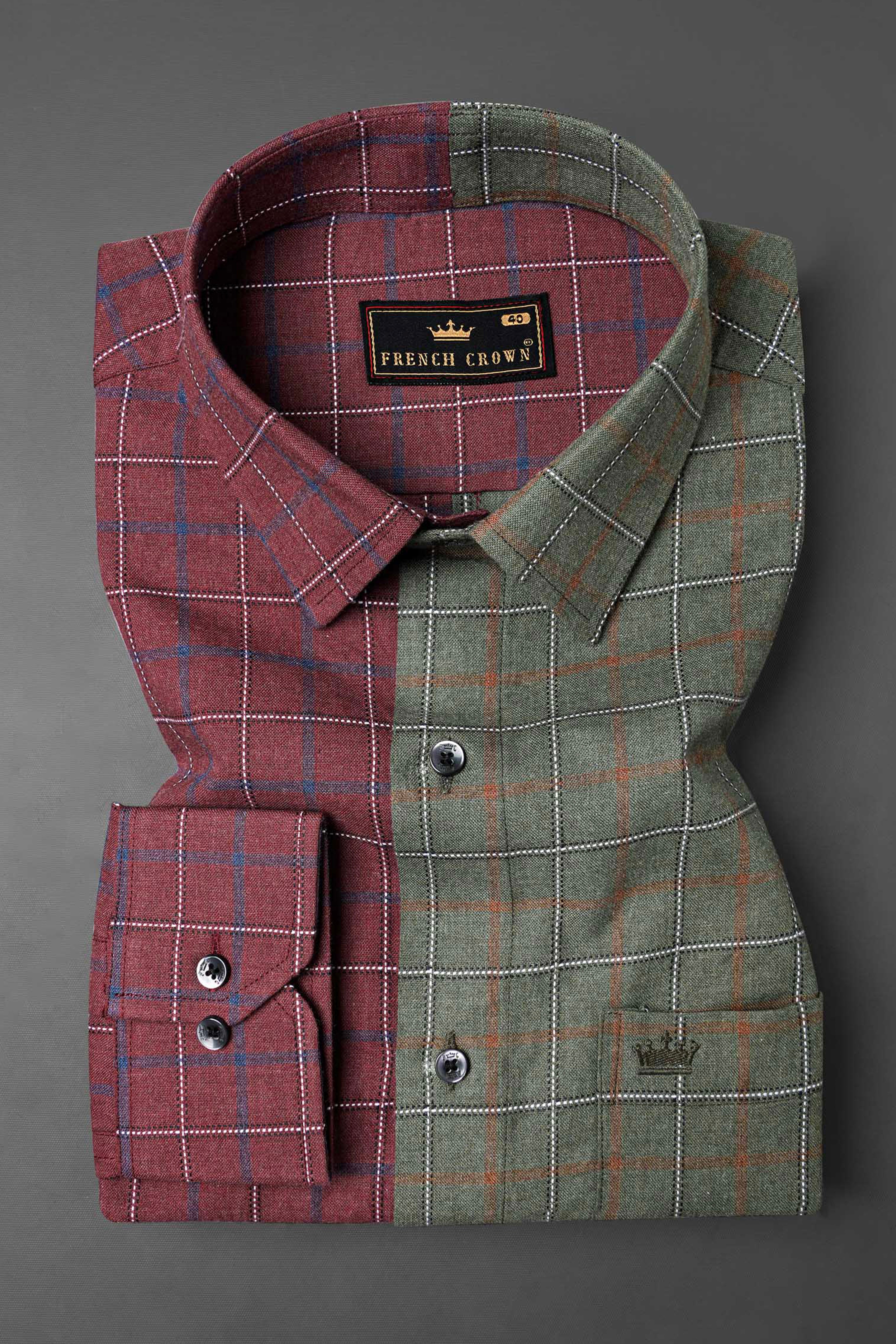 Copper Rust Red and Limed Ash Green Windowpane Dobby Textured Premium Giza Cotton Shirt