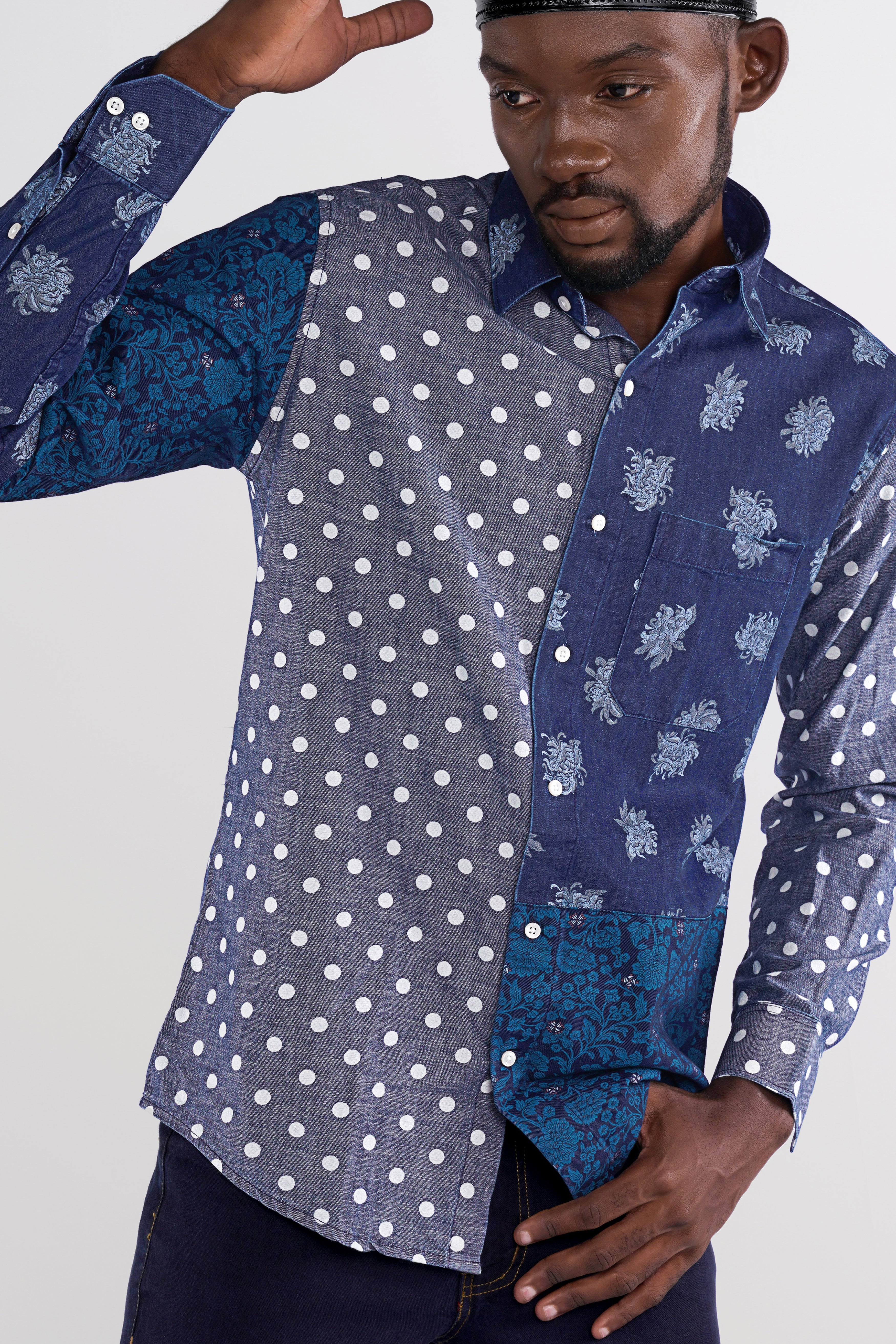 Gunpowder Blue Polka Dotted Chambray Textured Premium Cotton Designer denim Shirt