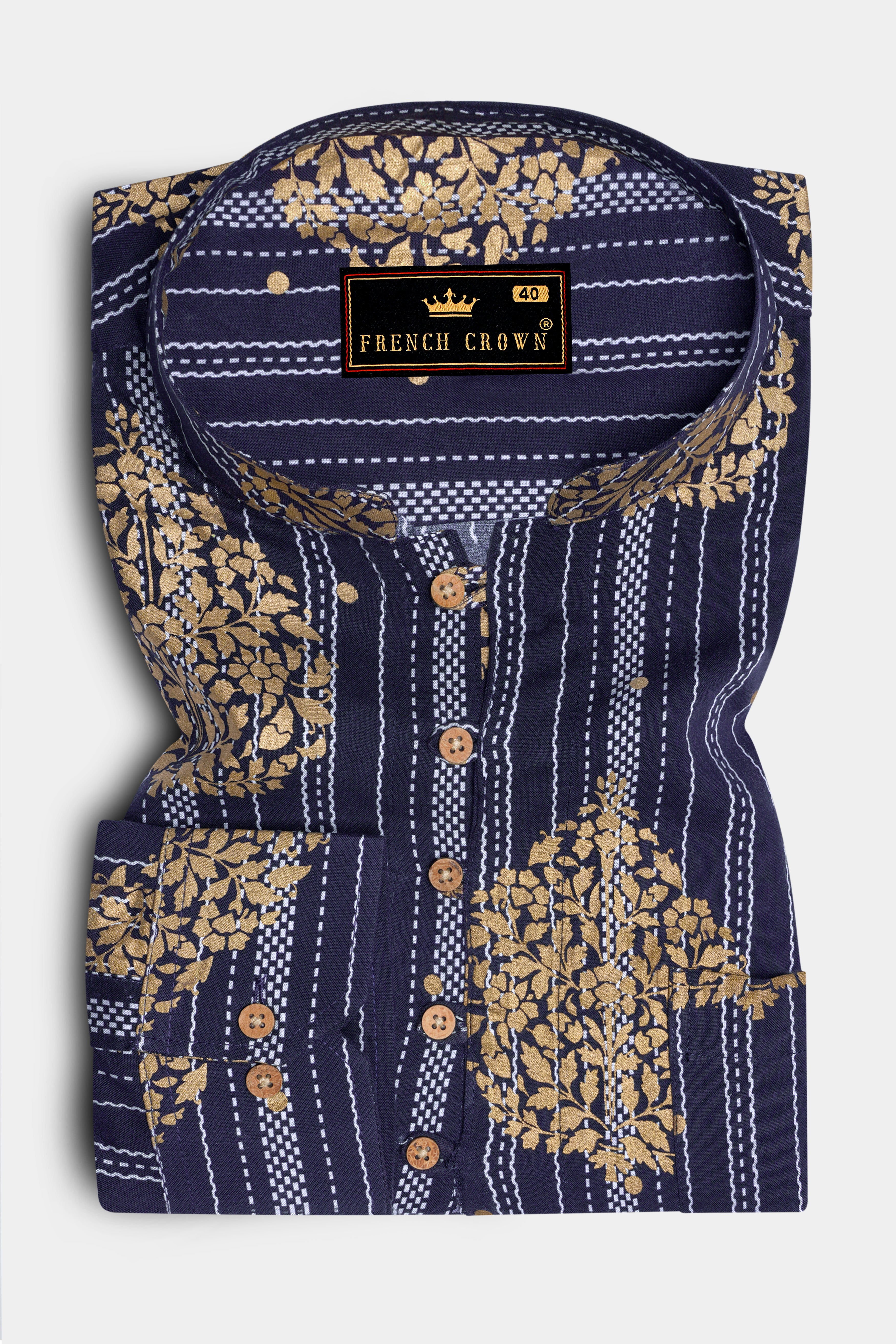 Gunmetal Blue And Tacao Golden Damask Foil Printed Premium Cotton Kurta Shirt
