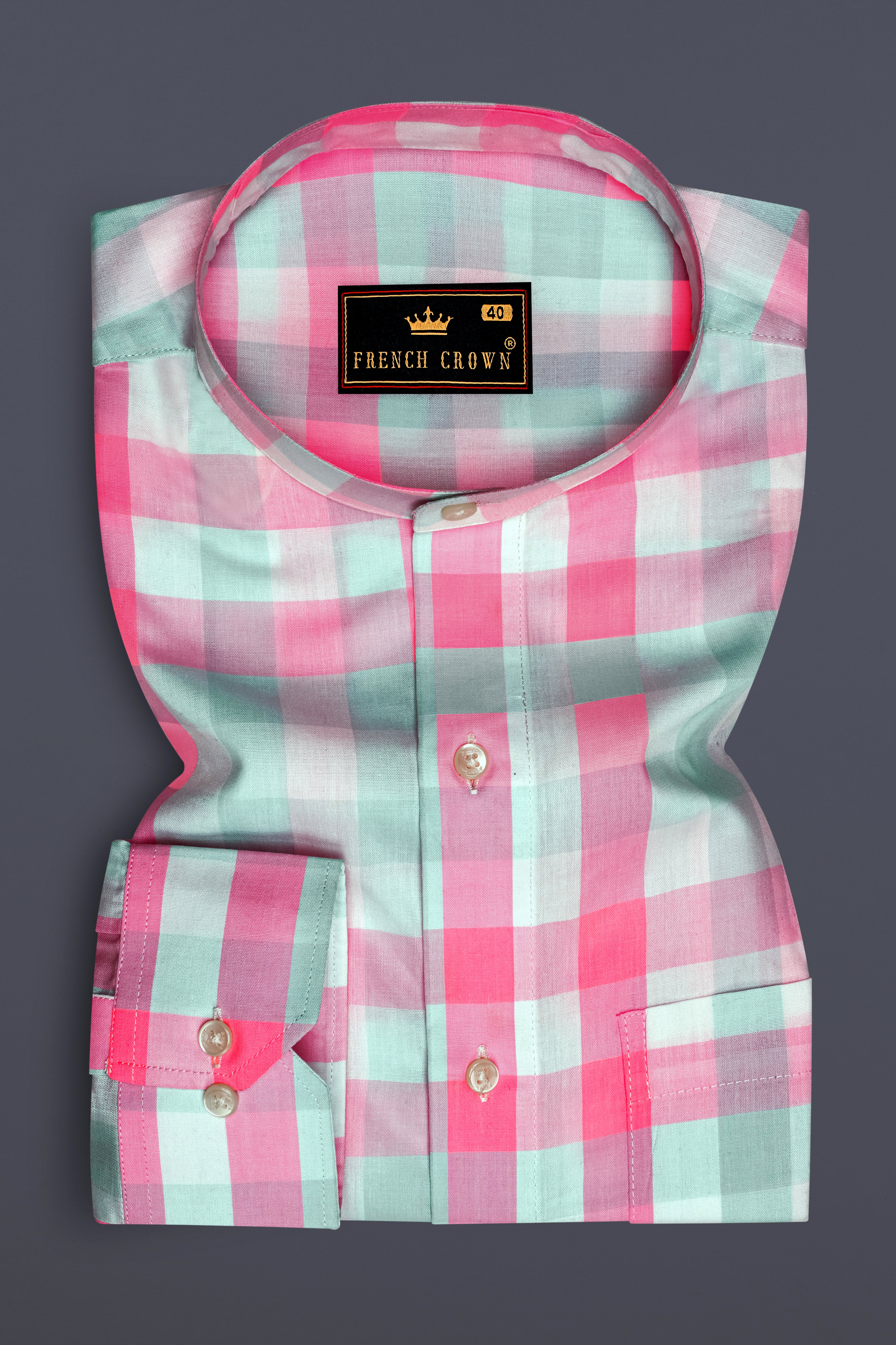 Cherry Blossom Pink and Onahau Sea Blue Plaid  Premium Cotton Kurta Shirt
