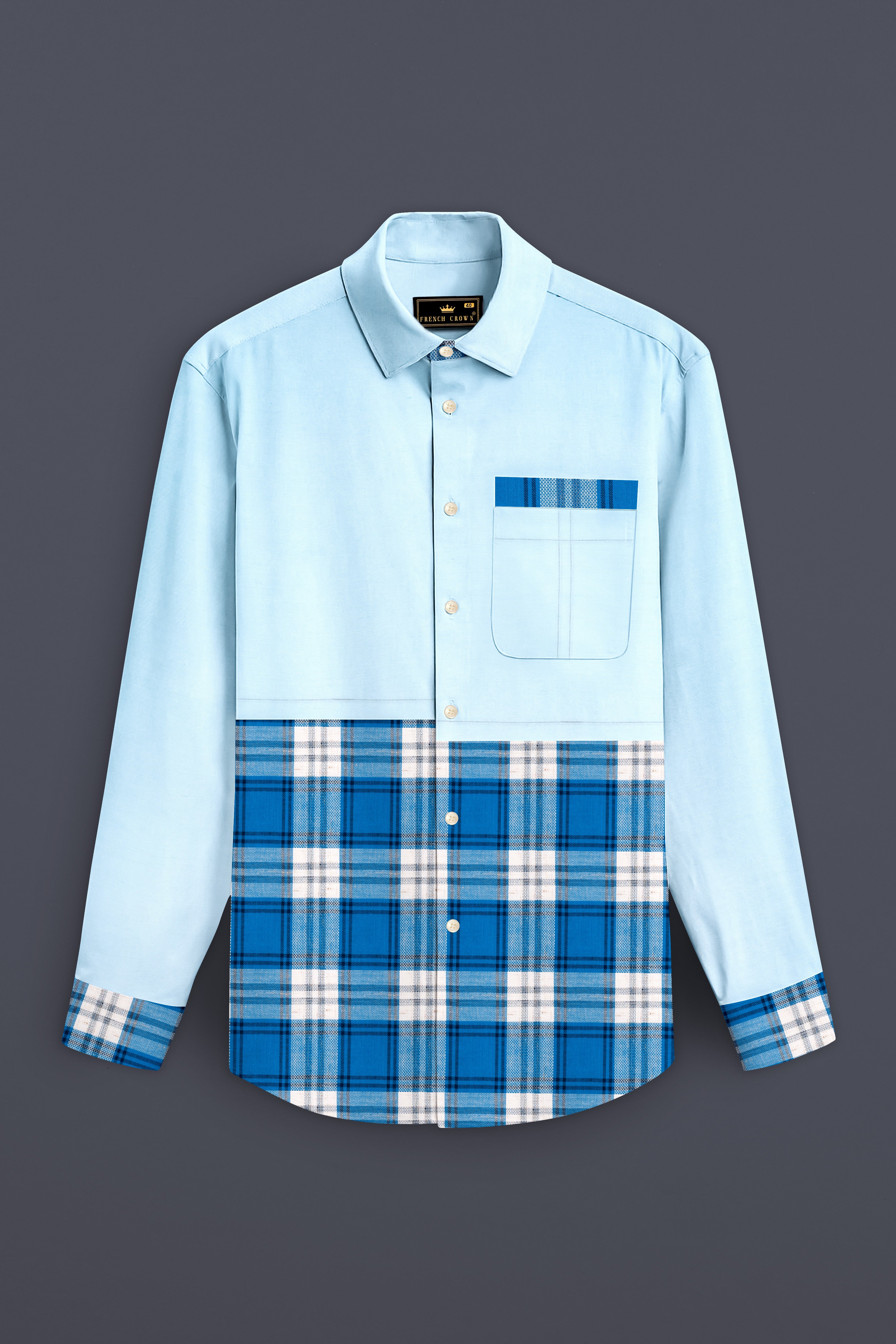 Botticelli Blue With Multi Colored Plaid Luxurious Linen Half and Half Designer Shirt