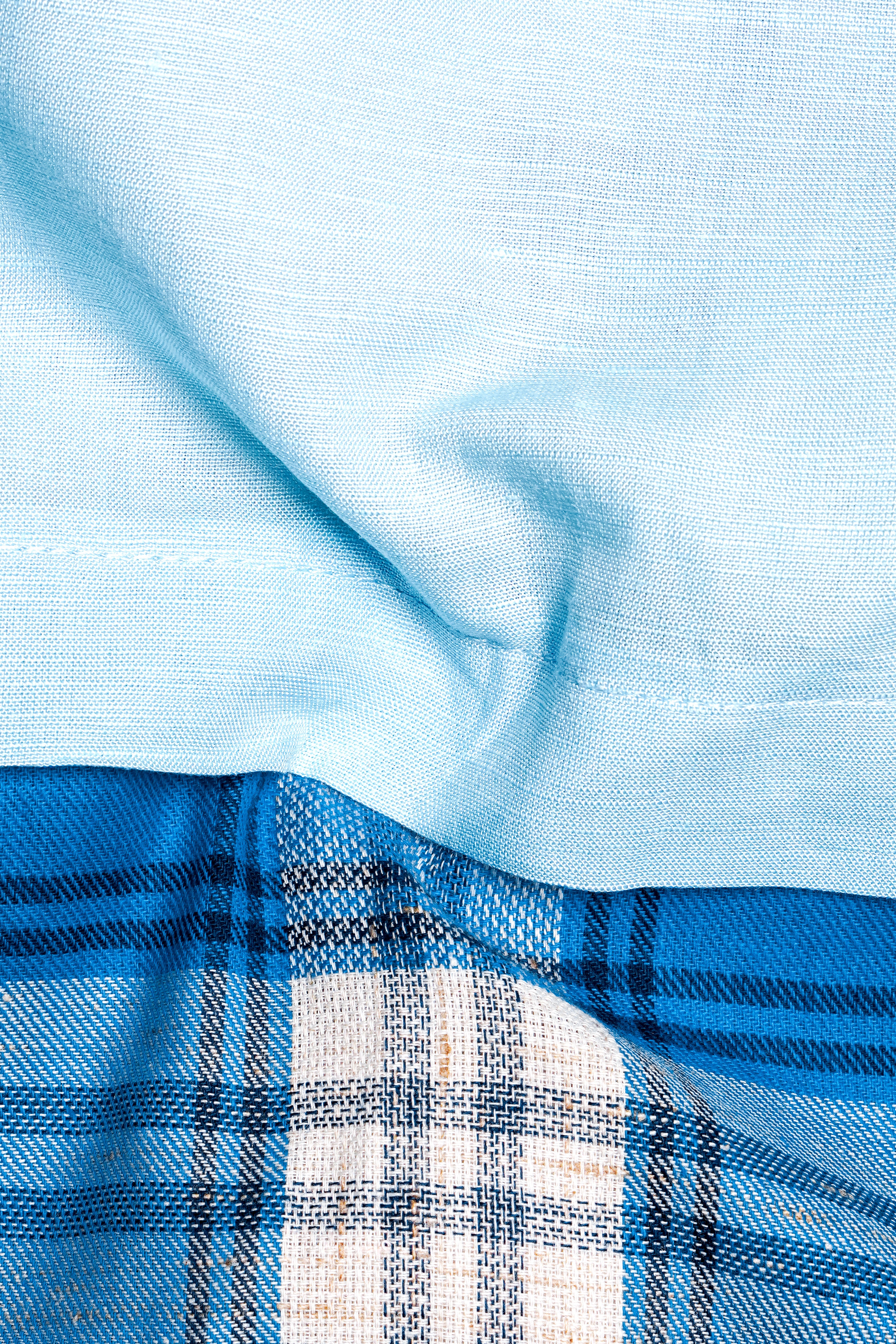 Botticelli Blue With Multi Colored Plaid Luxurious Linen Half and Half Designer Shirt