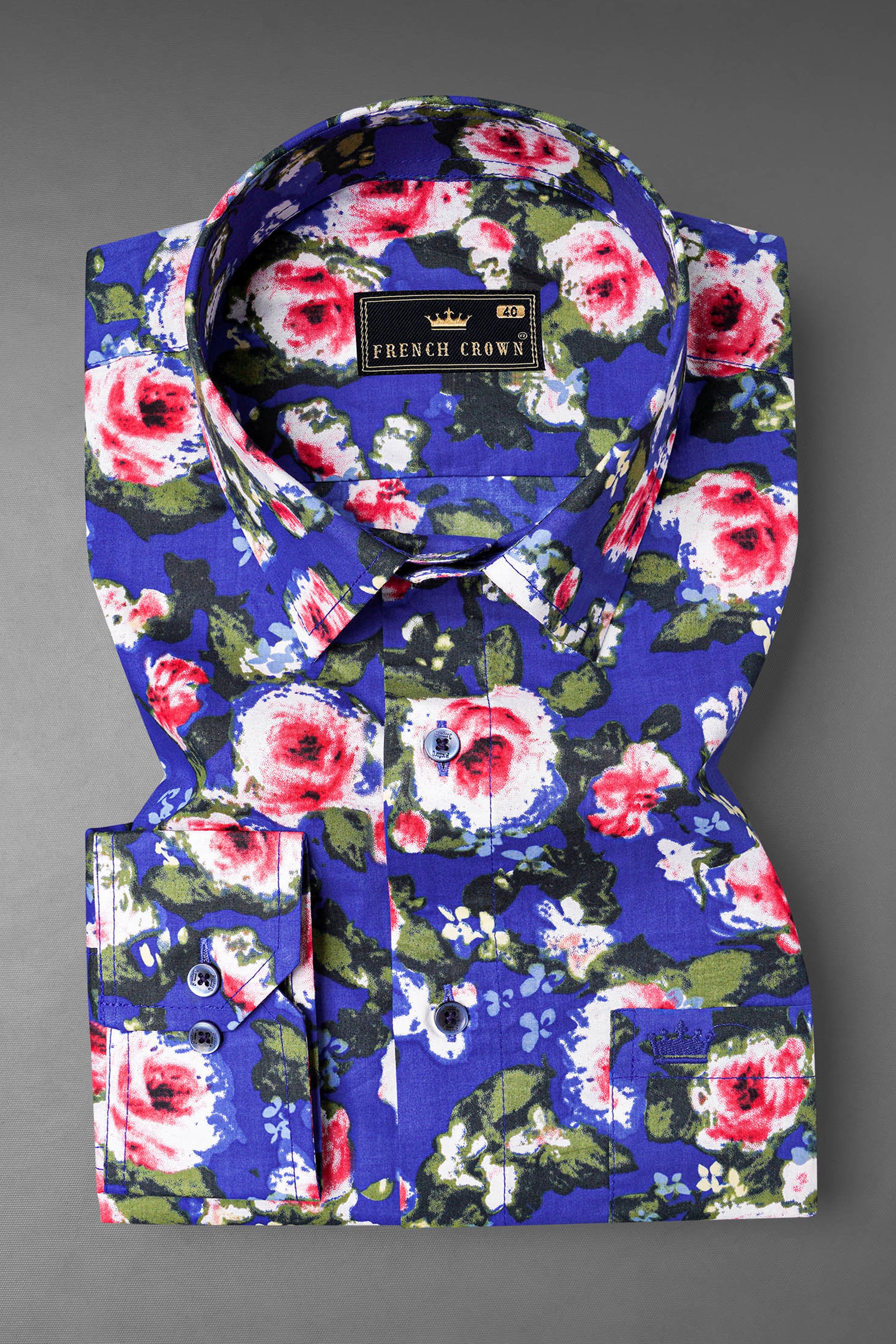 Medium Slate Blue Floral Printed Premium Cotton Shirt