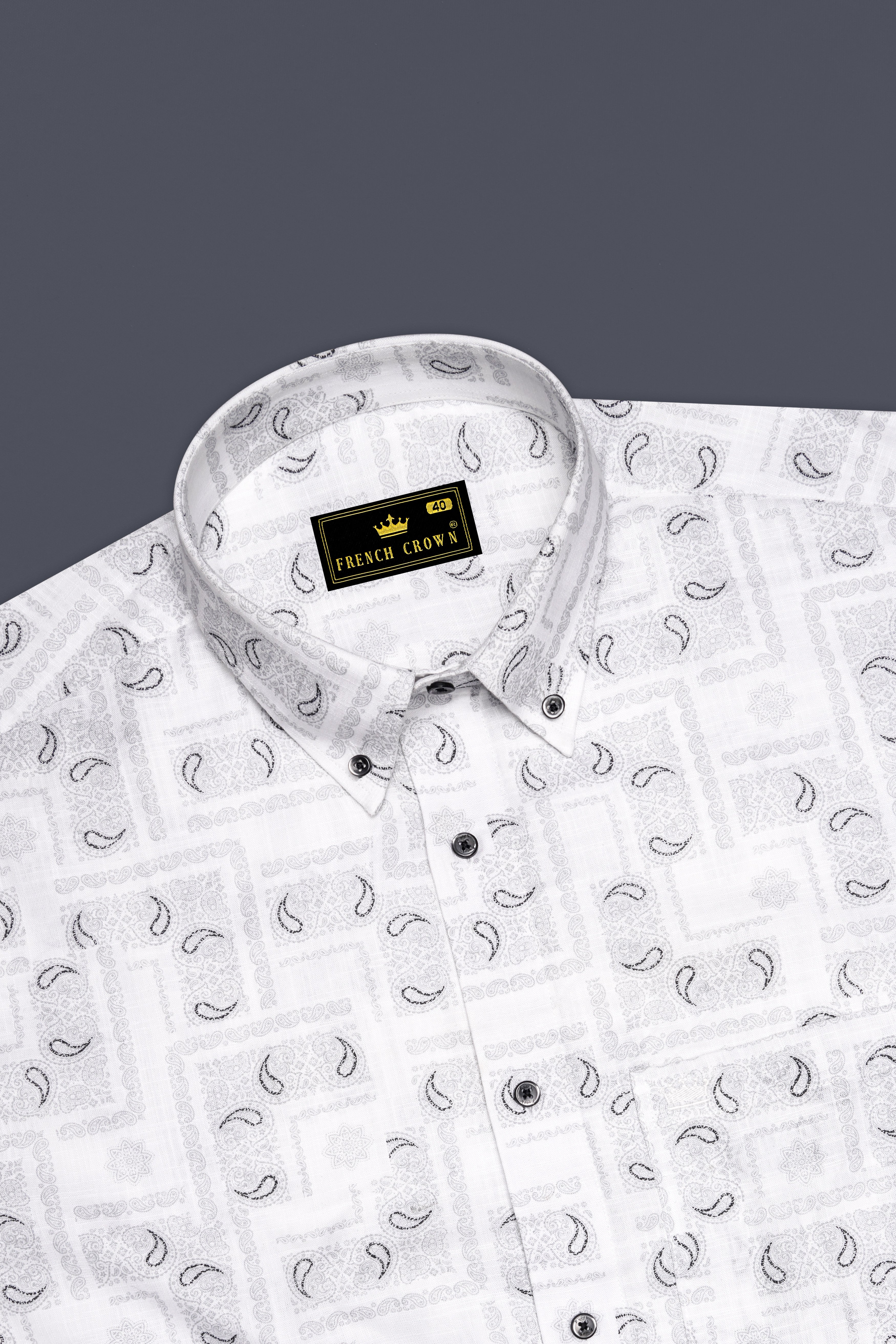 Bright White Paisley Printed Luxurious Linen Shirt