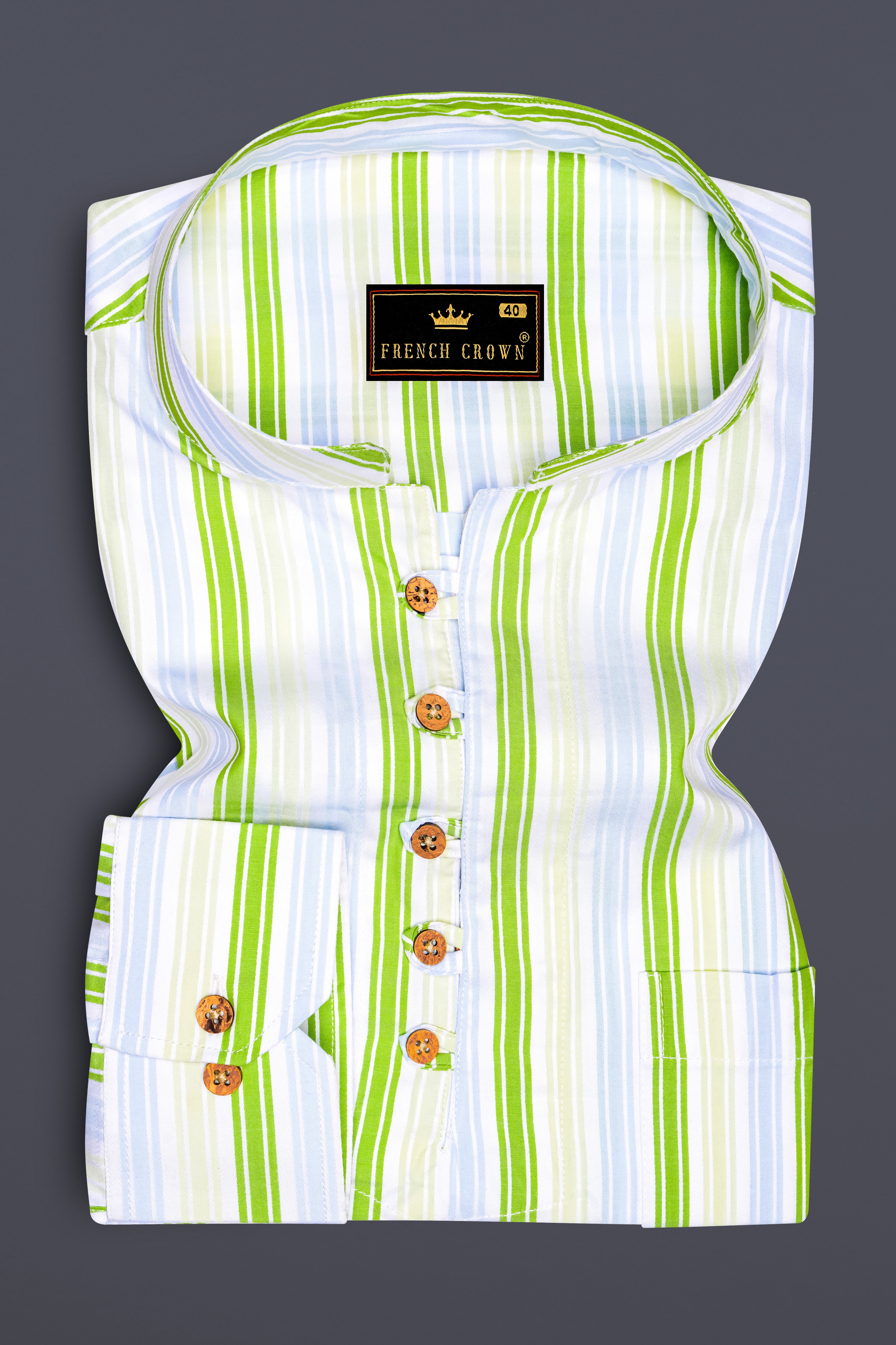 Conifer Green and Bright White Striped Dobby Textured Premium Giza Cotton Kurta Shirt