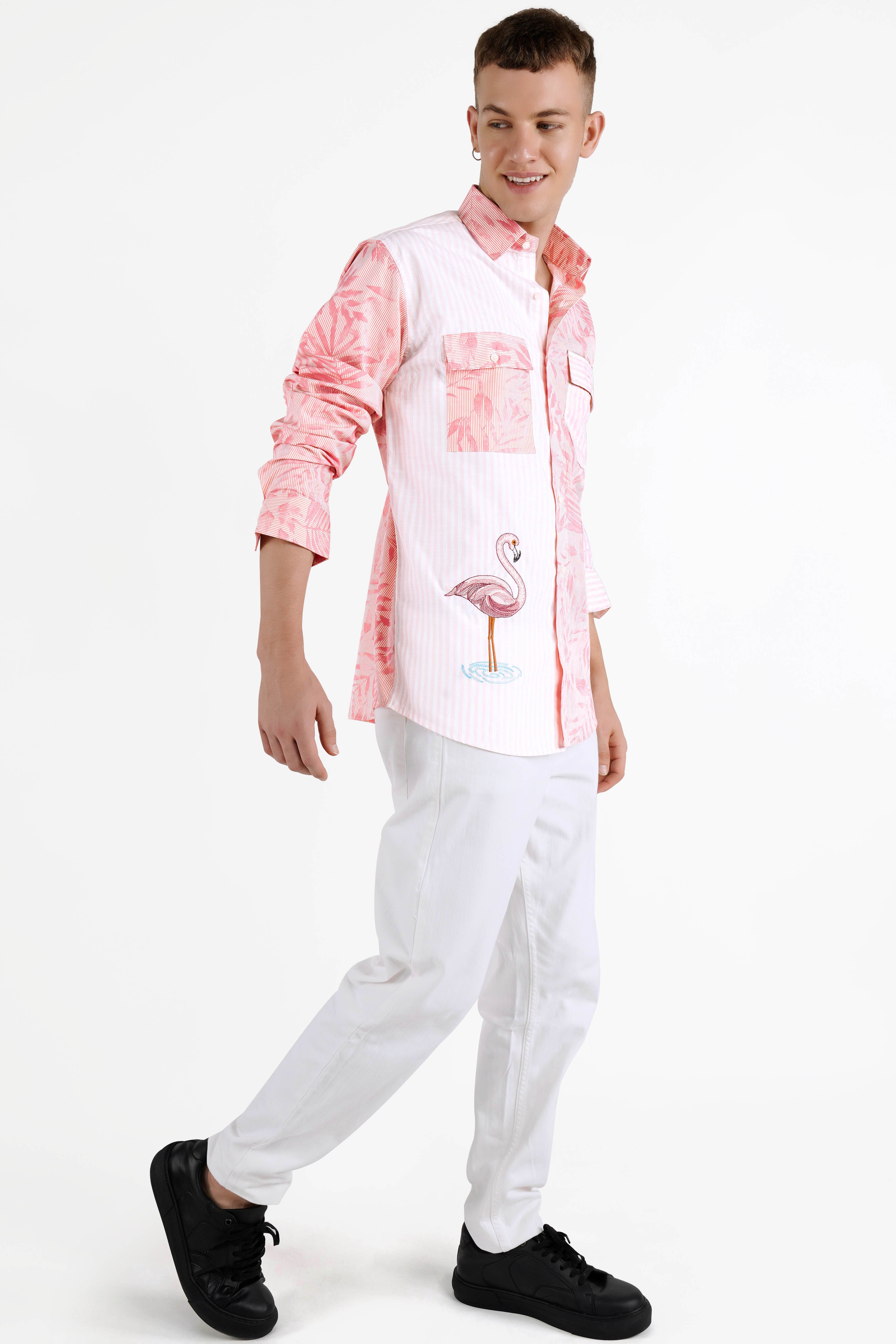 Salmon Peach with Flamingo Bird Embroidered Premium Cotton Designer Shirt