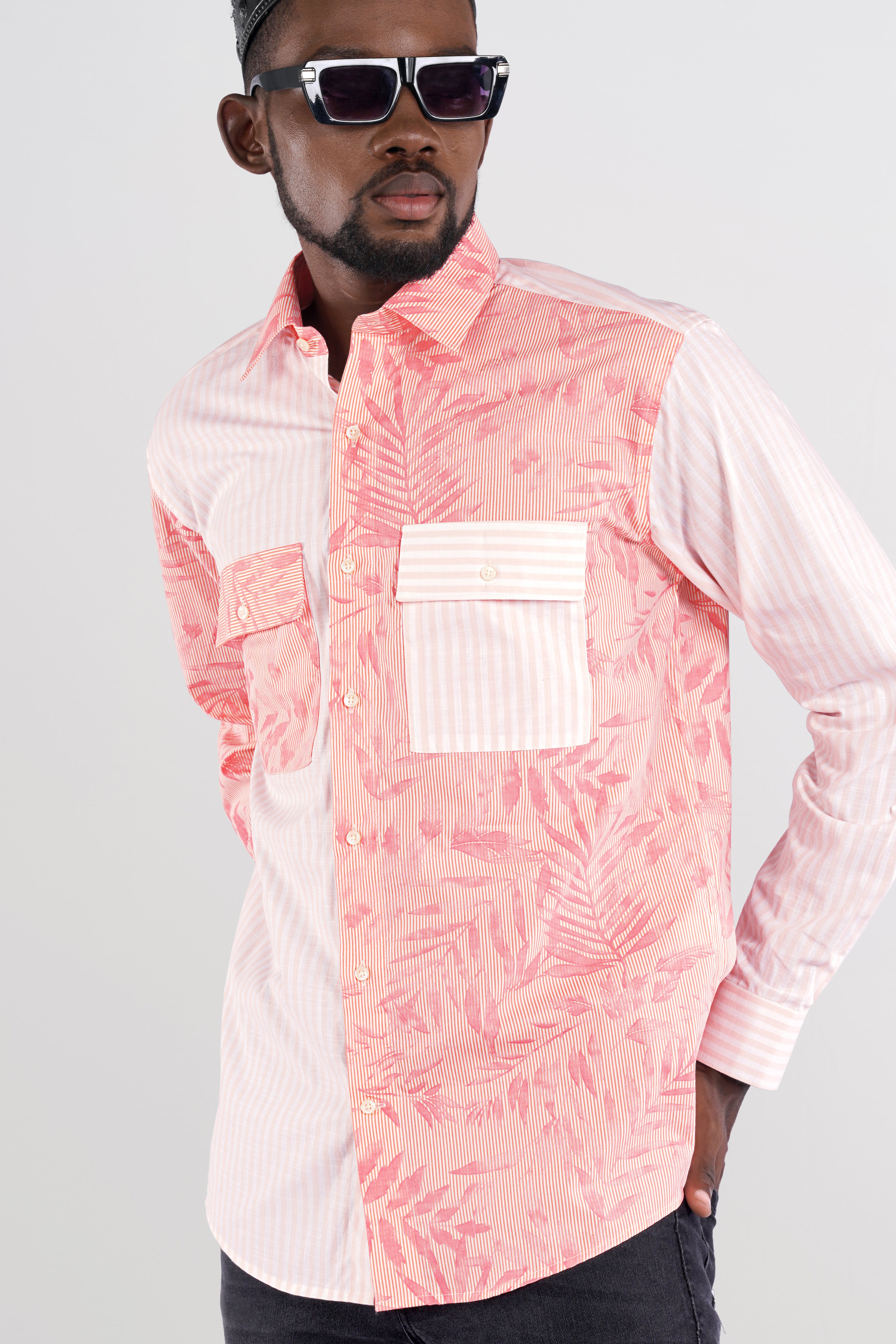 Salmon Peach Leaves Printed Premium Cotton Designer Shirt