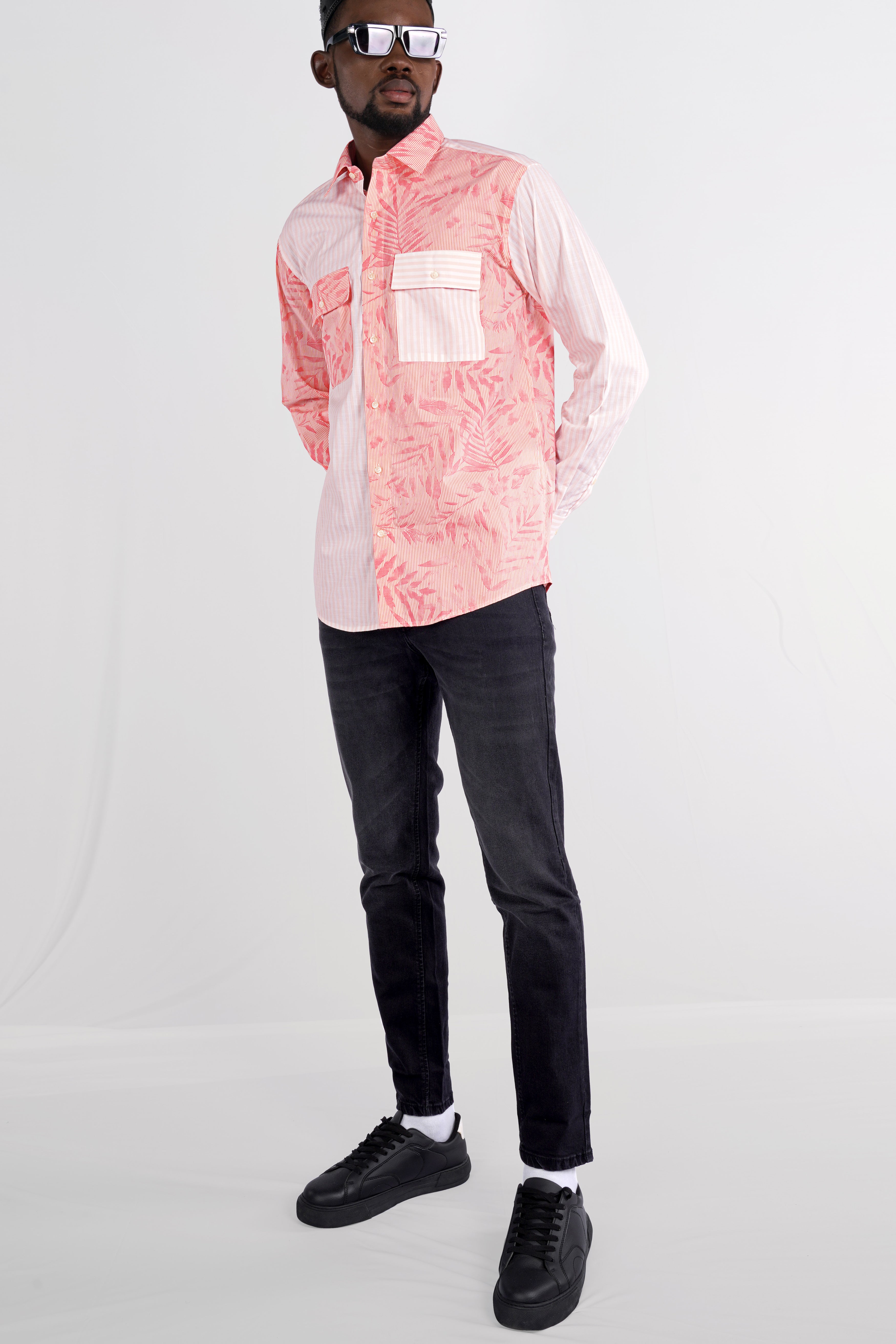 Salmon Peach Leaves Printed Premium Cotton Designer Shirt