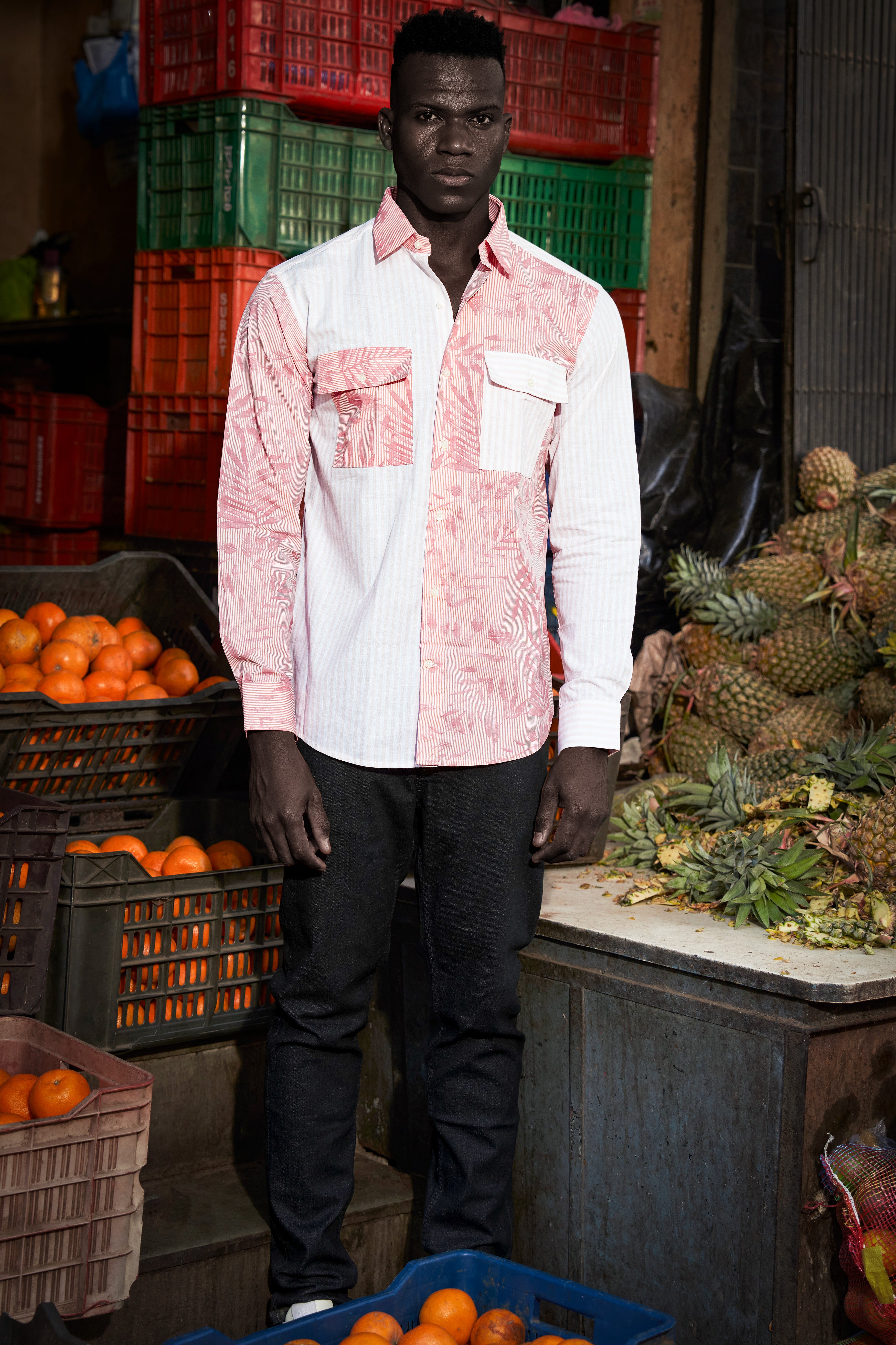 Salmon Peach Leaves Printed Premium Cotton Designer Shirt