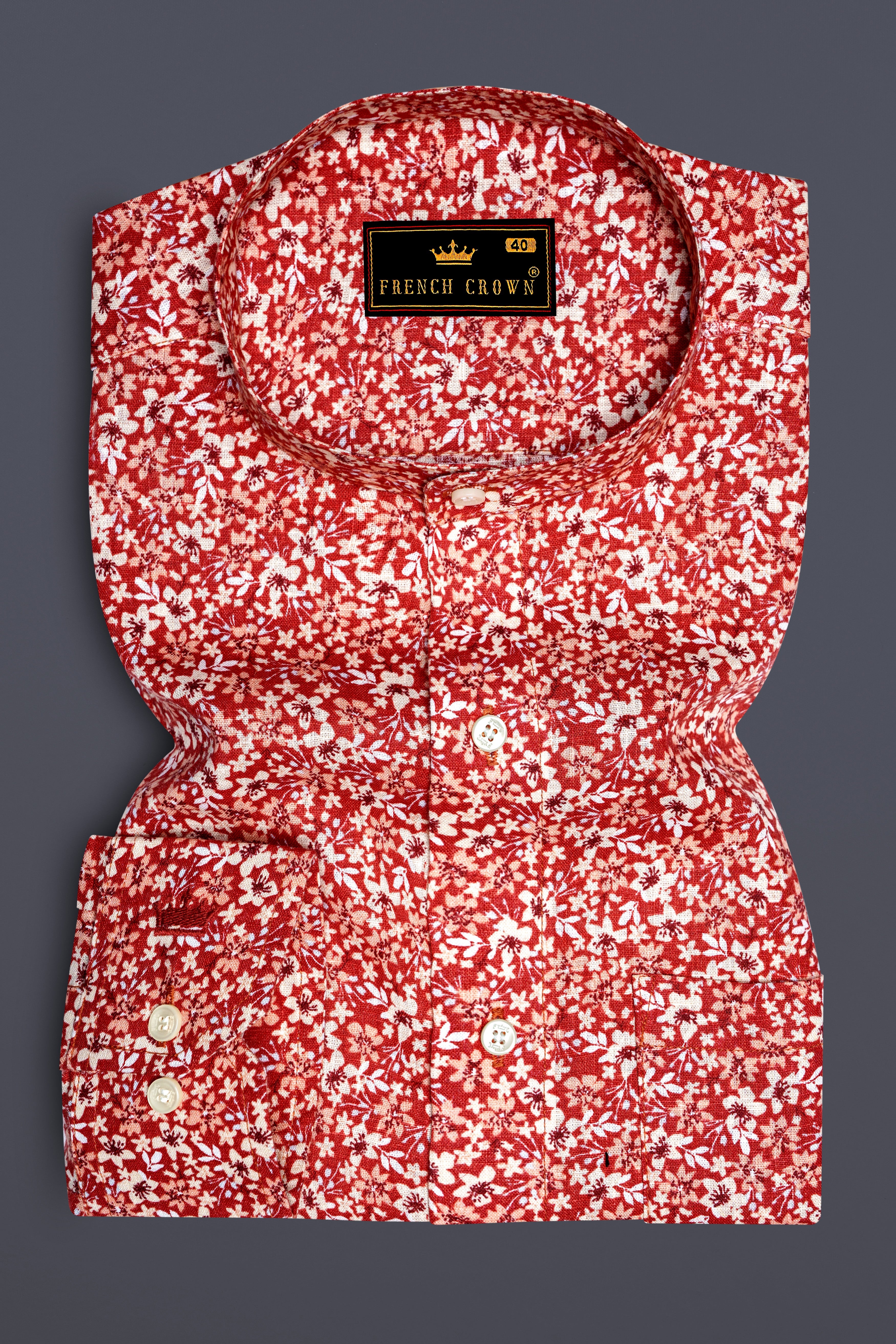 Flush Mahogany Red Ditzy Printed Luxurious Linen Shirt