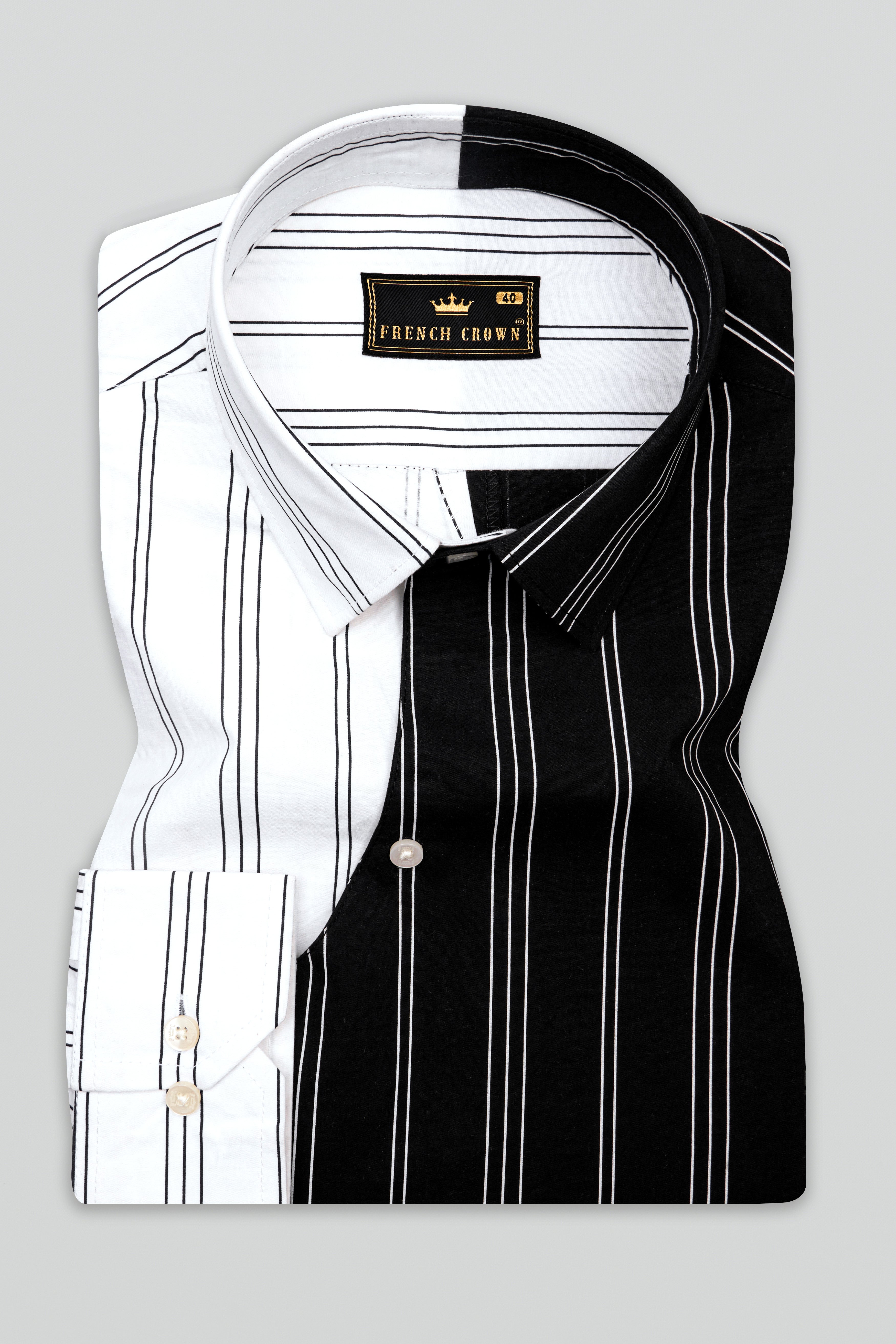 Half Withe with Half Black Pinstriped  Embellished with Embroidered Work Premium Cotton Designer Shirt