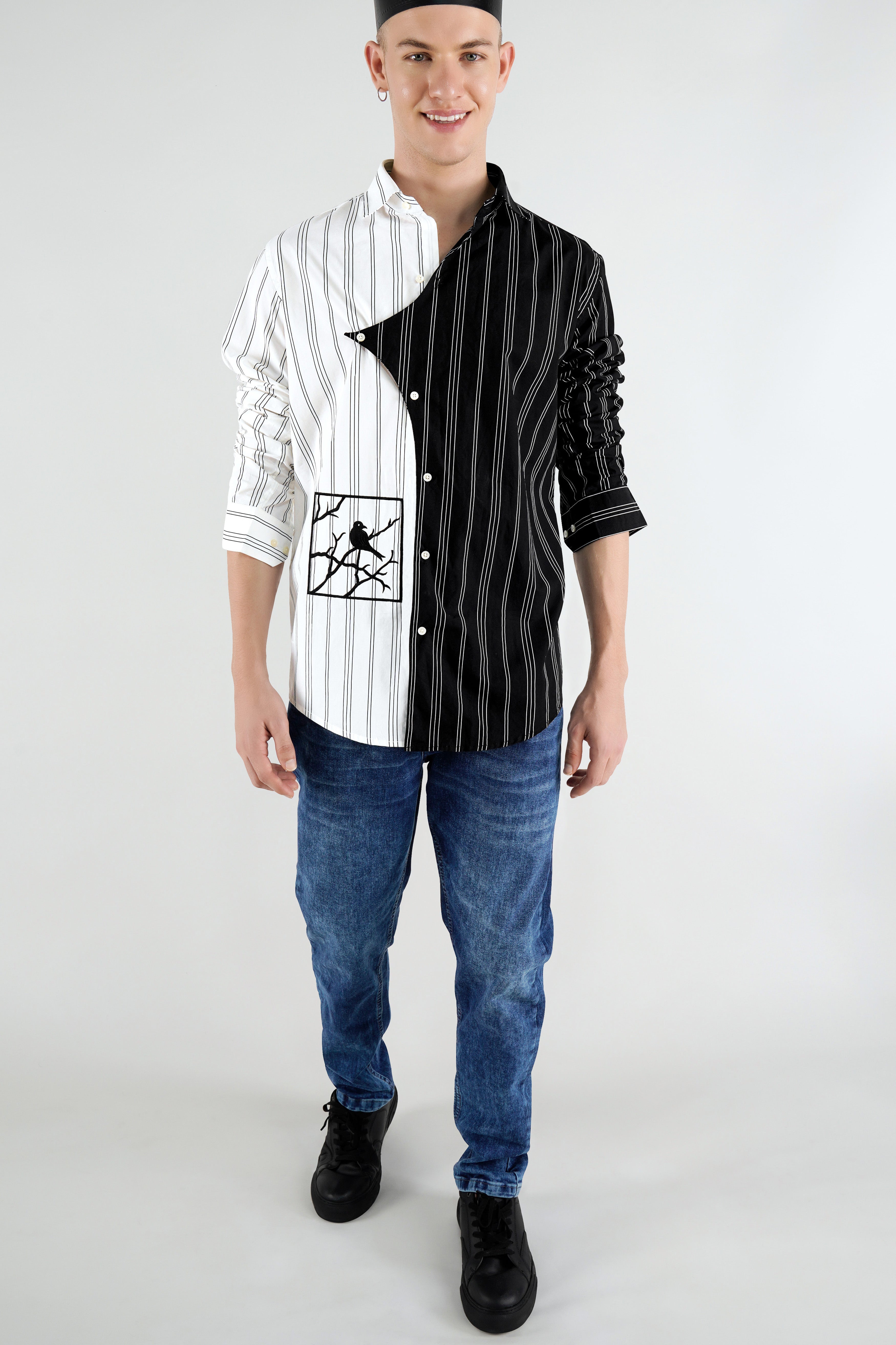 Half Withe with Half Black Pinstriped  Embellished with Embroidered Work Premium Cotton Designer Shirt