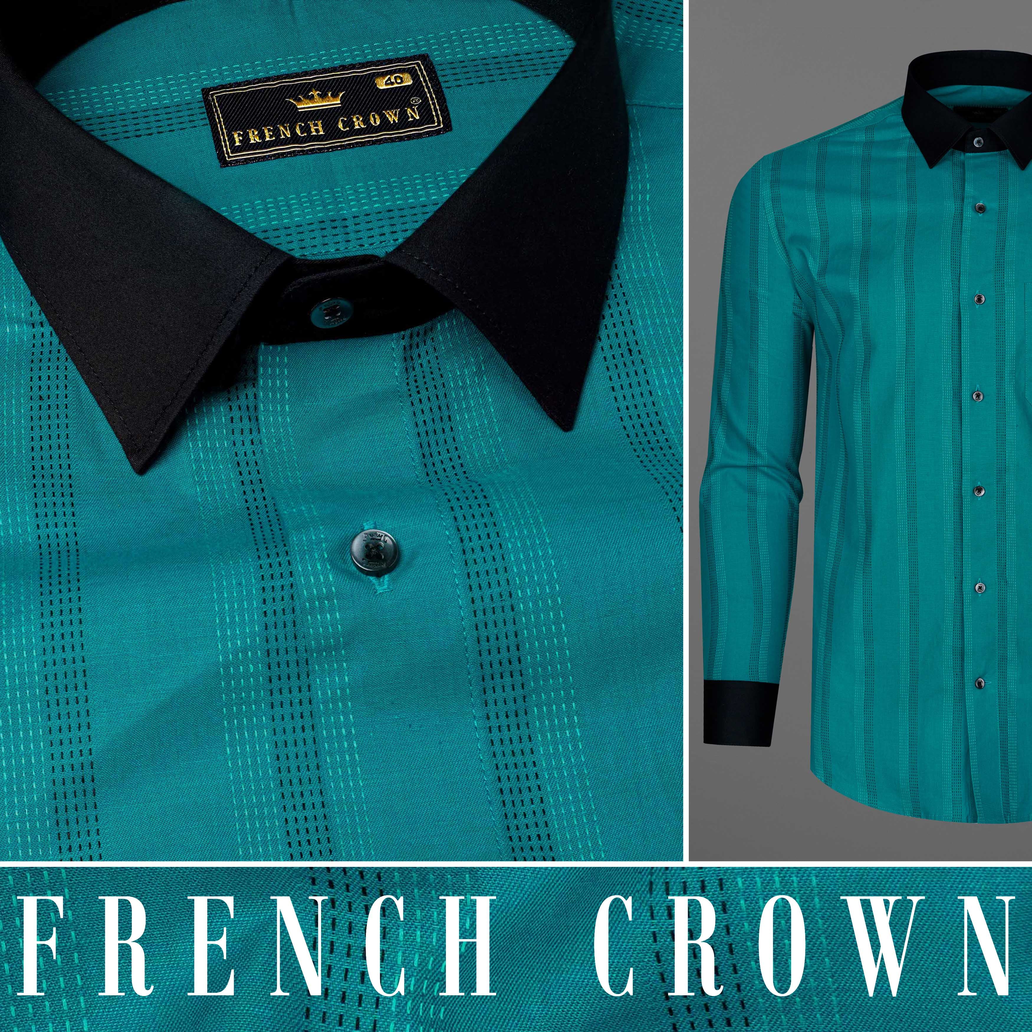 Dark Aqua Blue with Swamp Black Collar and Cuffs Twill Premium Cotton Shirt