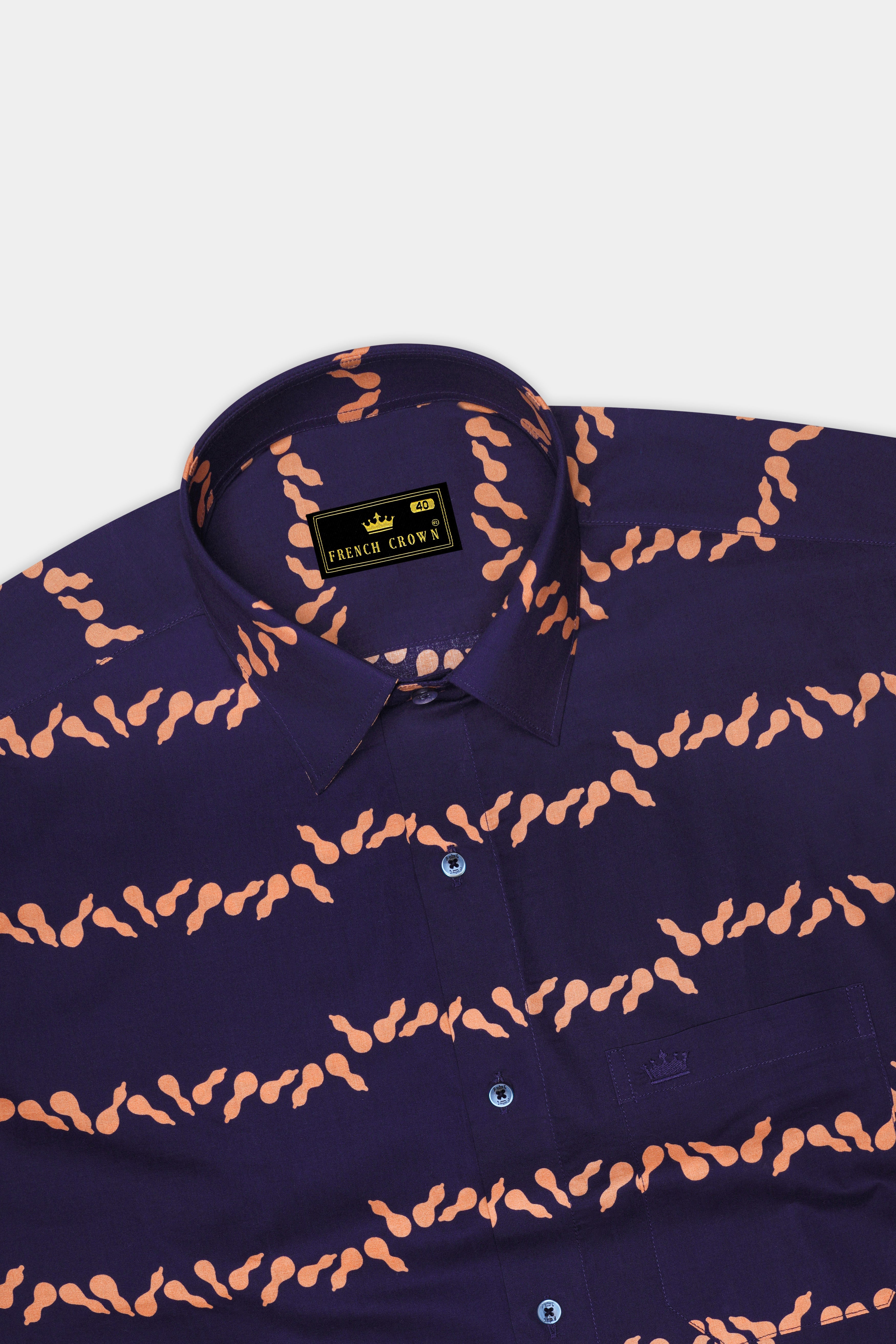 Gunmetal Blue With Melon Orange Printed Premium Cotton Shirt