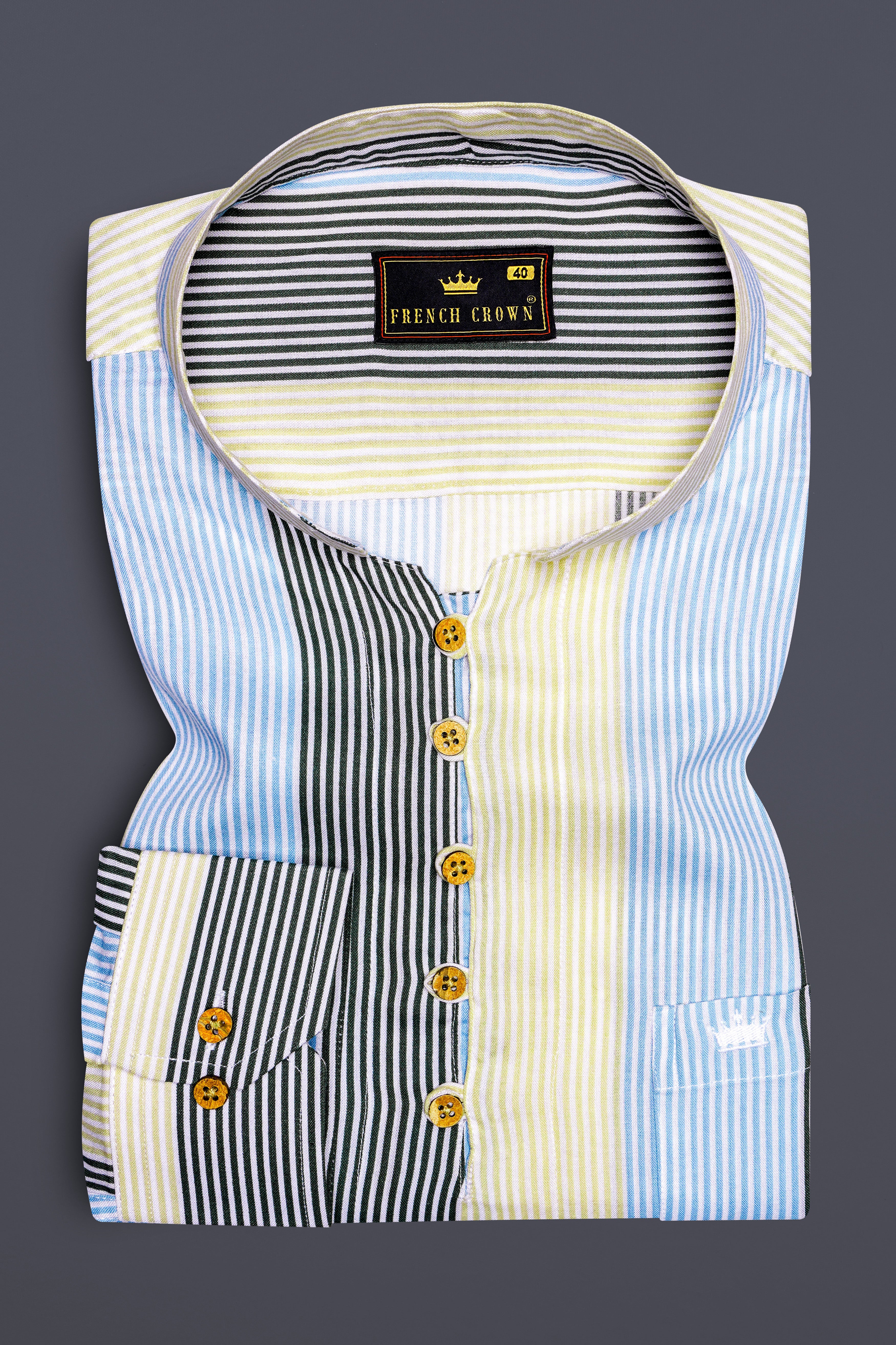 Raffia Beige with Botticelli Blue and Asparagus Green Pinstriped Tencel Premium Cotton Kurta Shirt