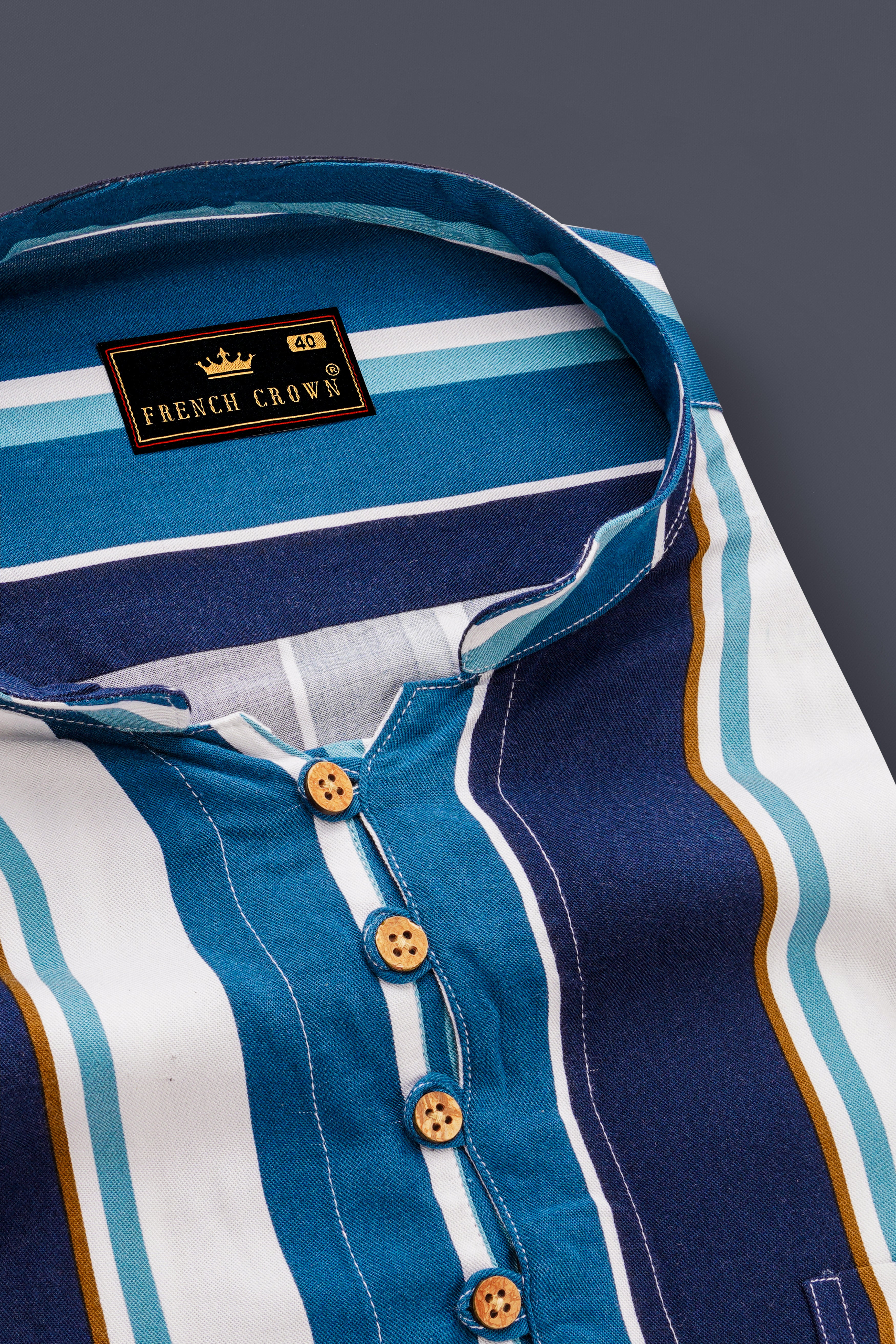 Bright White with Shakespeare Blue and Cyprus Blue Striped Premium Tencel Kurta Shirt