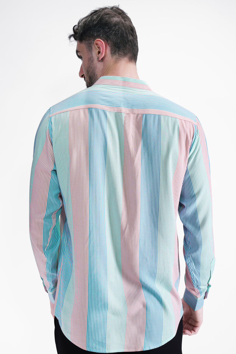 Blossom Pink with Glacier Blue and Riptide Green Pinstriped Premium Tencel Kurta Shirt
