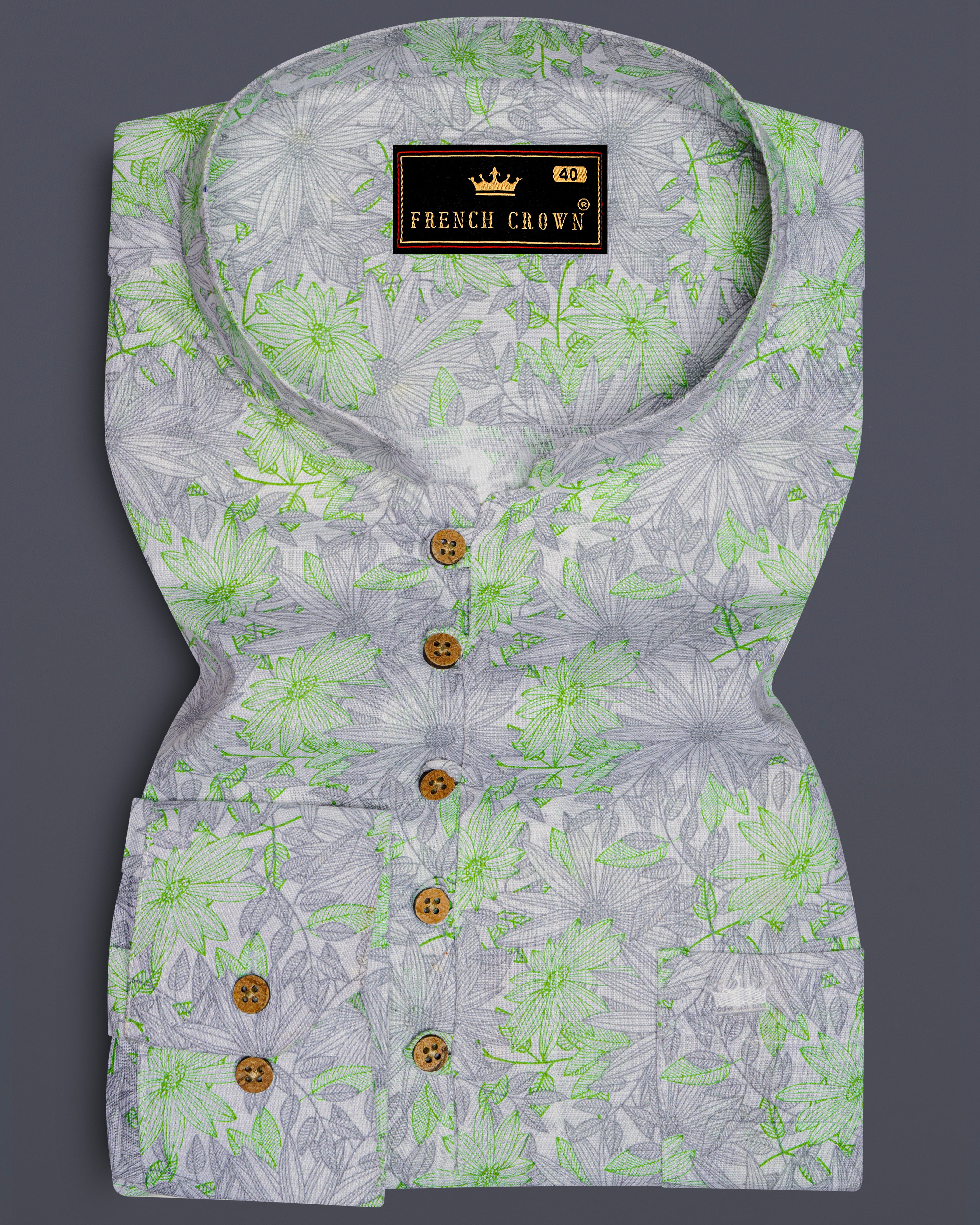Olivine Green With White Floral Printed Luxurious Linen Kurta Shirt