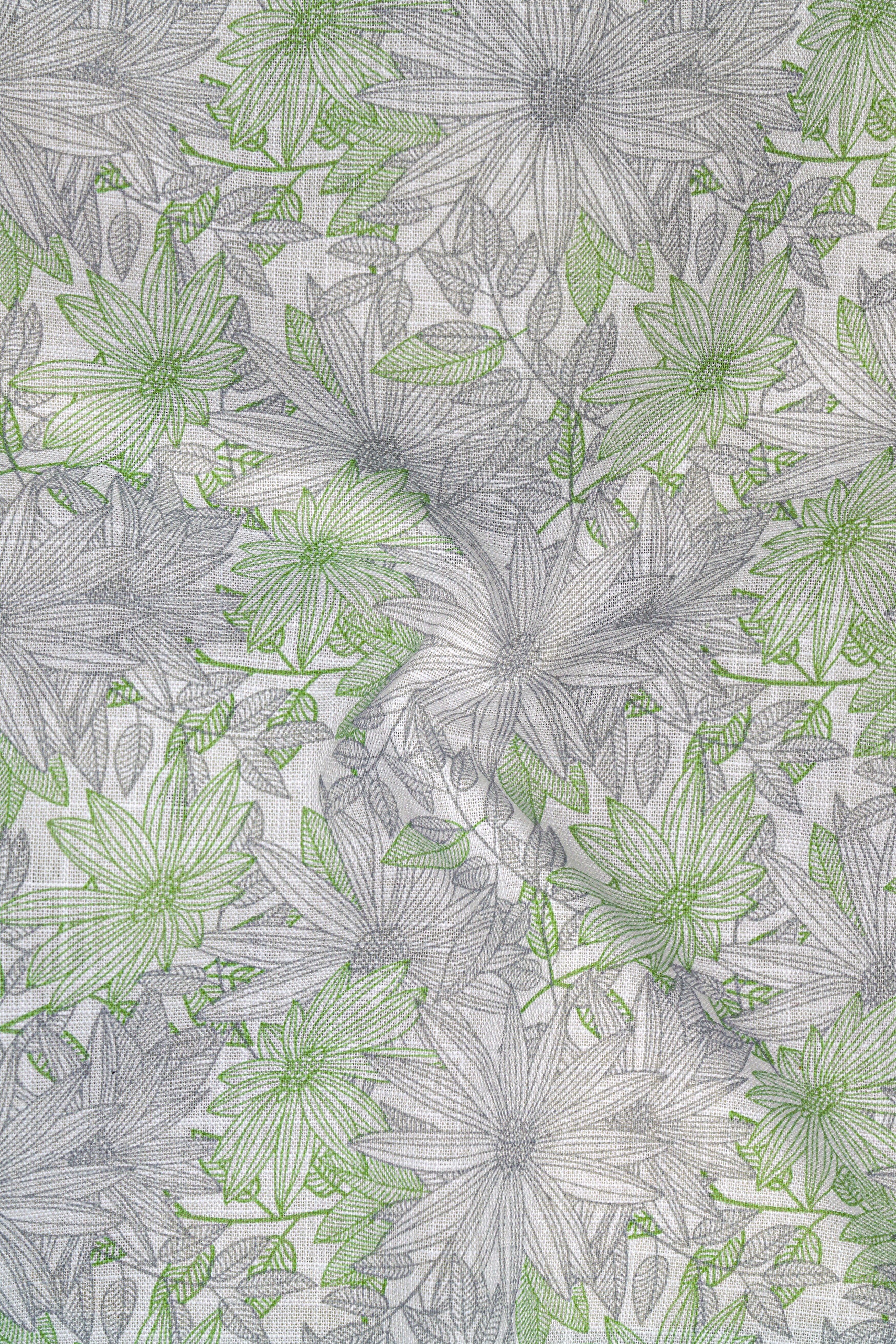 Olivine Green With White Floral Printed Luxurious Linen Kurta Shirt