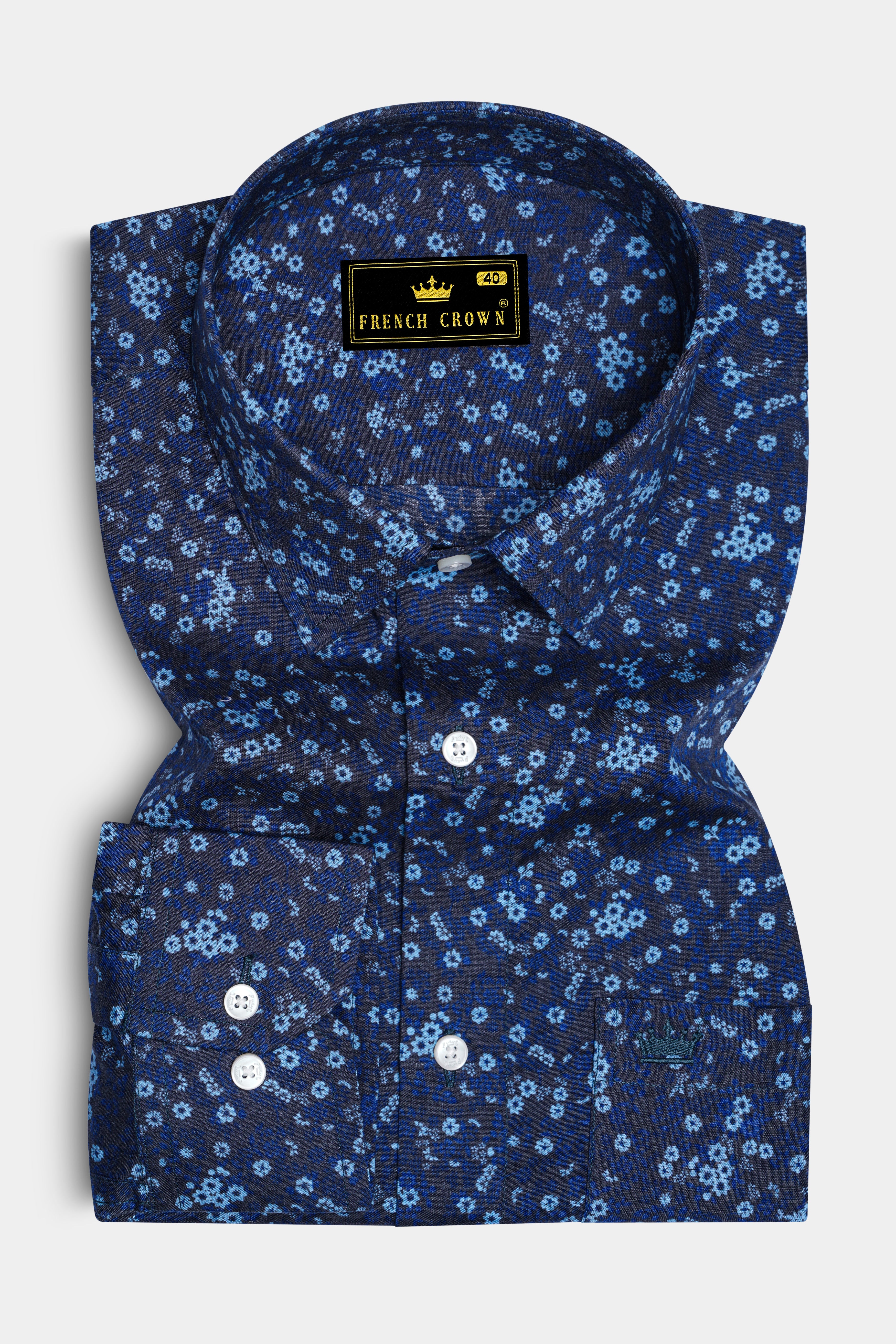 Blue Ditzy Floral Printed Premium Cotton Shirt