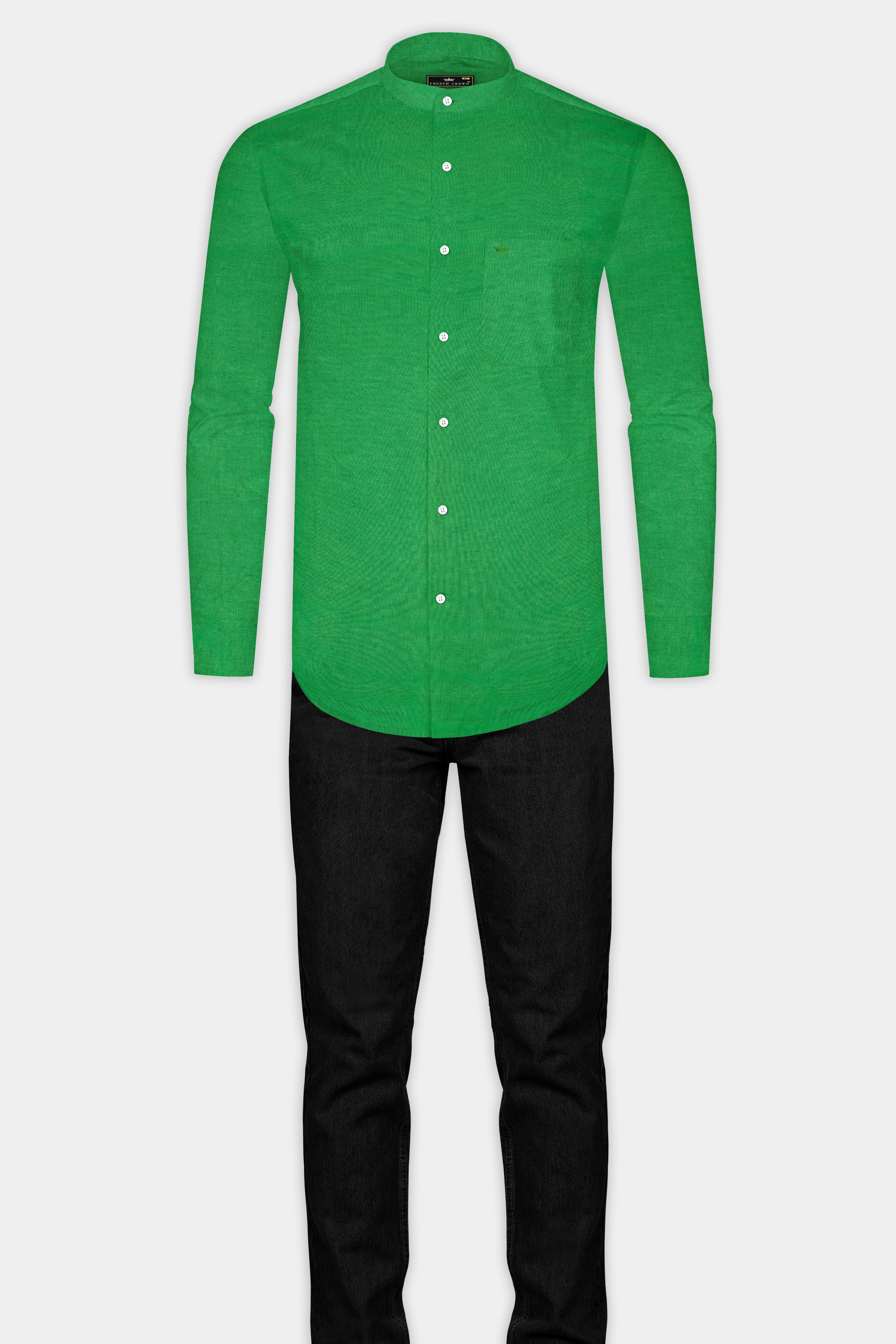 Salem Green Luxurious Linen Mandarin Collar Shirt