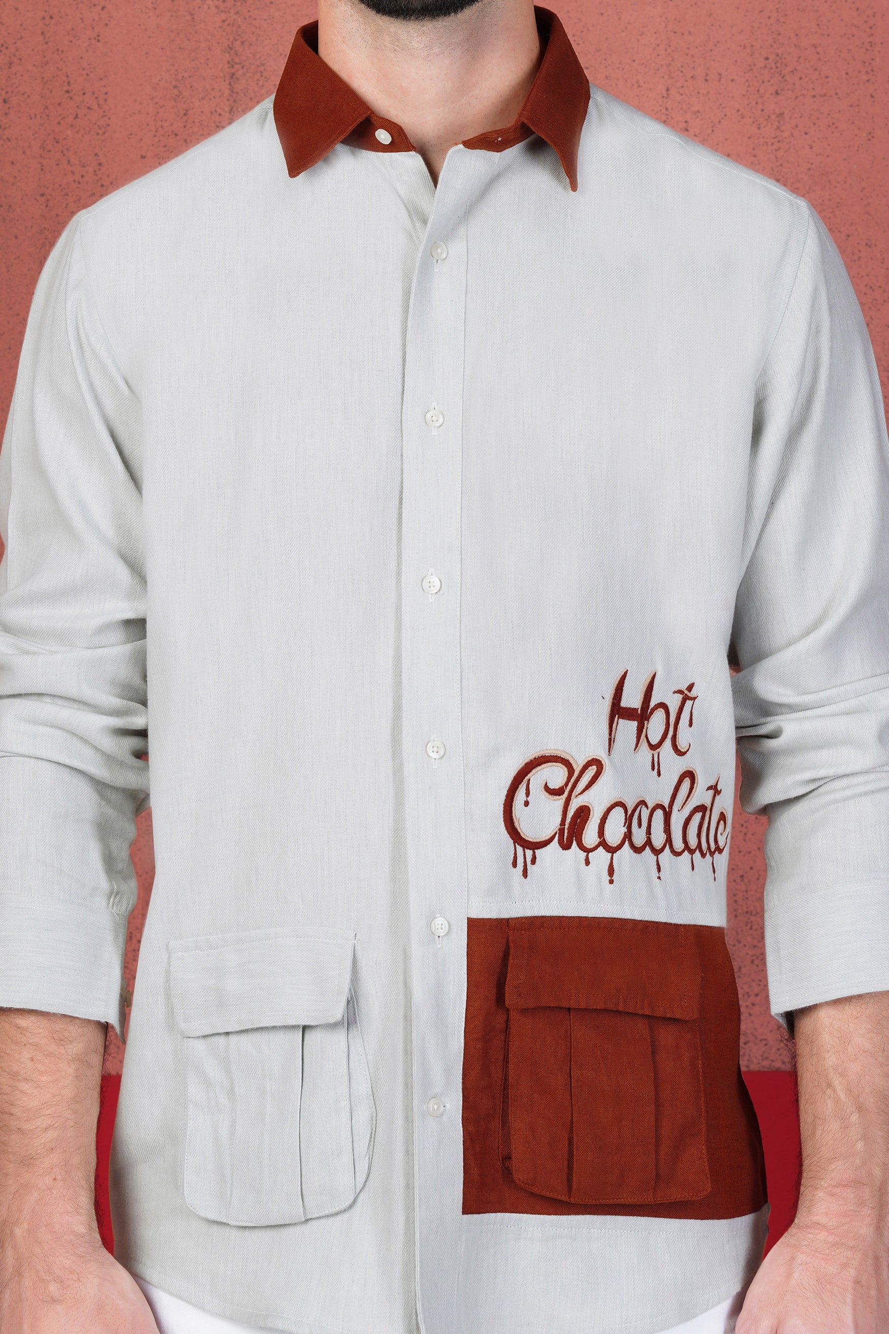 Porcelain Gray and Espresso Brown Hot Chocolate Embroidered Flannel Designer Shirt
